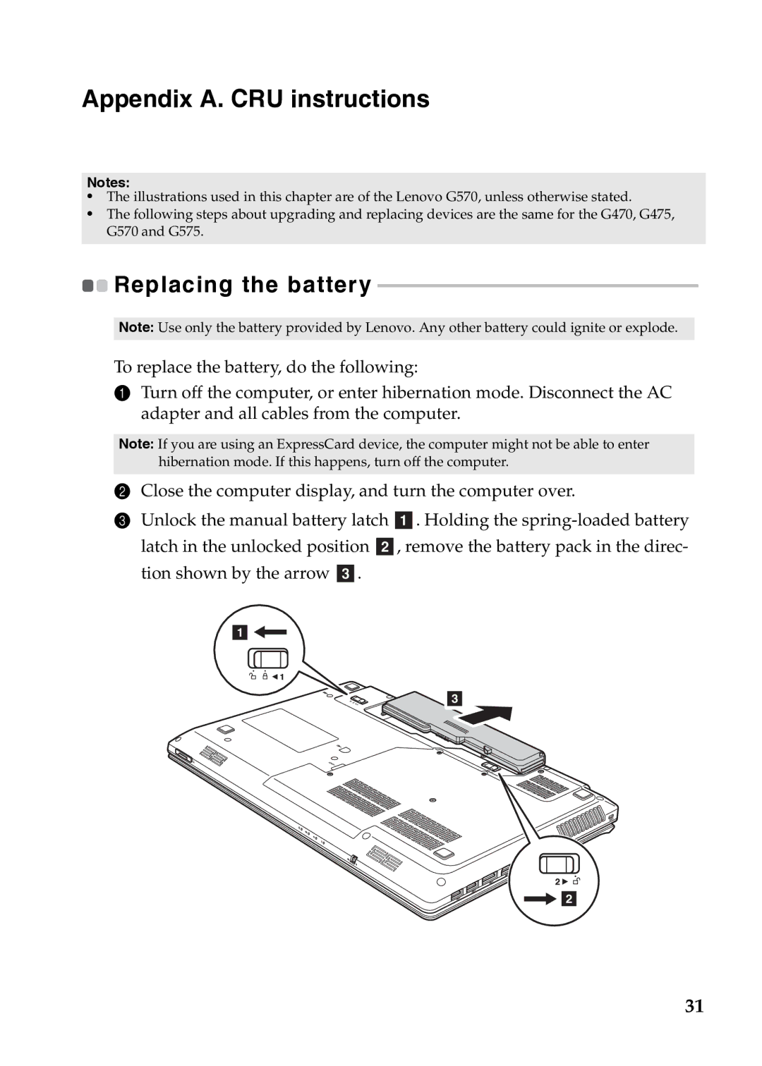 Lenovo 4334EAU, G570, G575, G475, G470 manual Appendix A. CRU instructions, Replacing the battery 