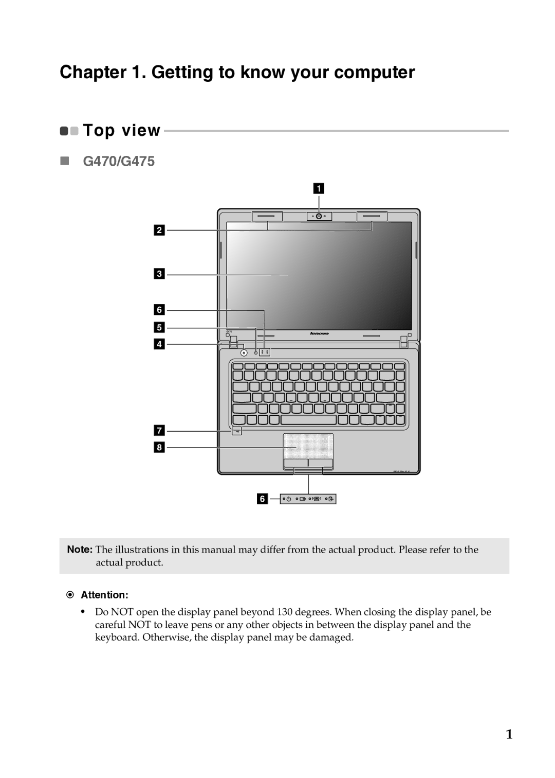 Lenovo 4334EAU, G570, G575 manual Getting to know your computer, „ G470/G475, Top view 