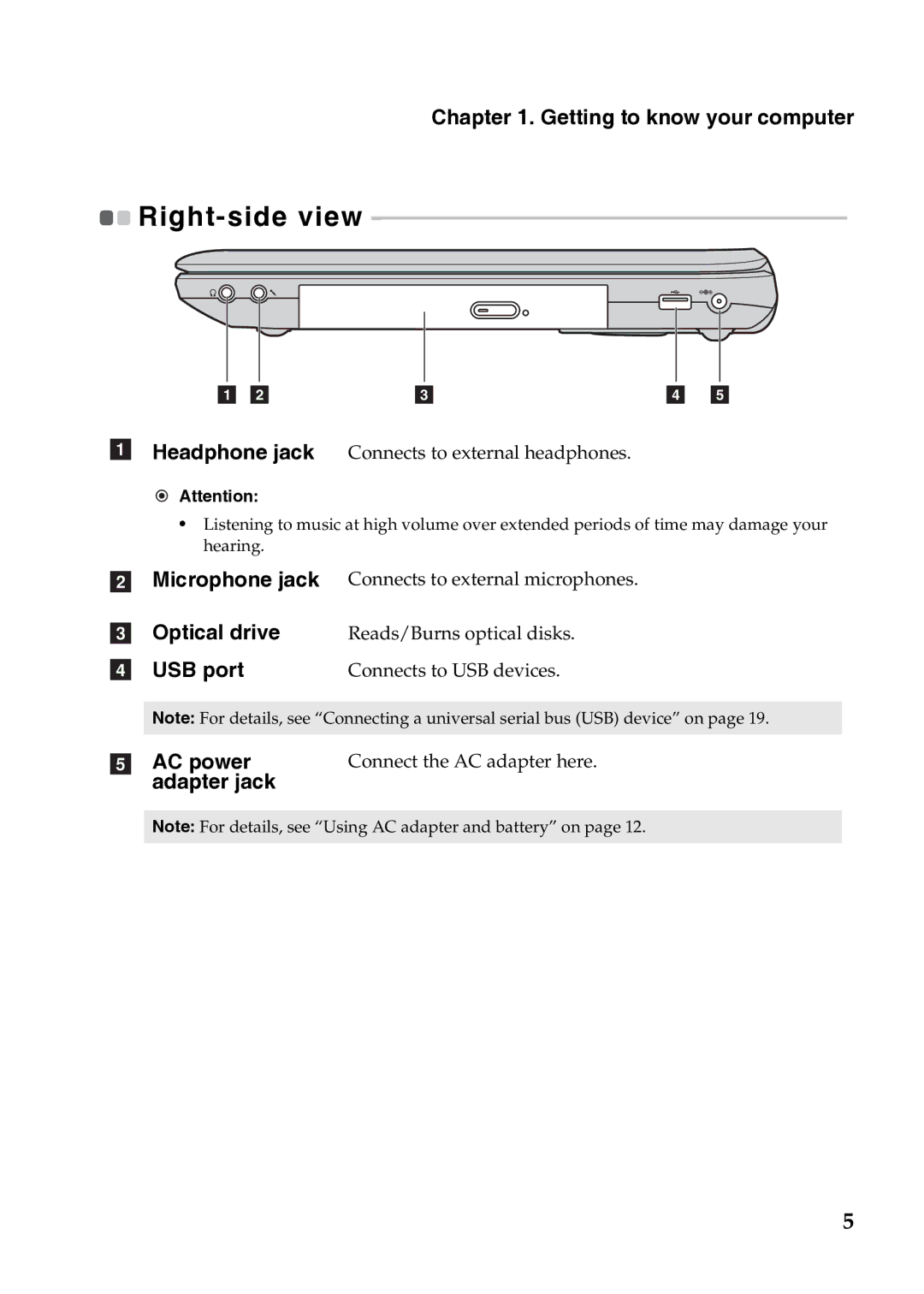 Lenovo G470, 4334EAU, G570, G575, G475 manual Right-side view 