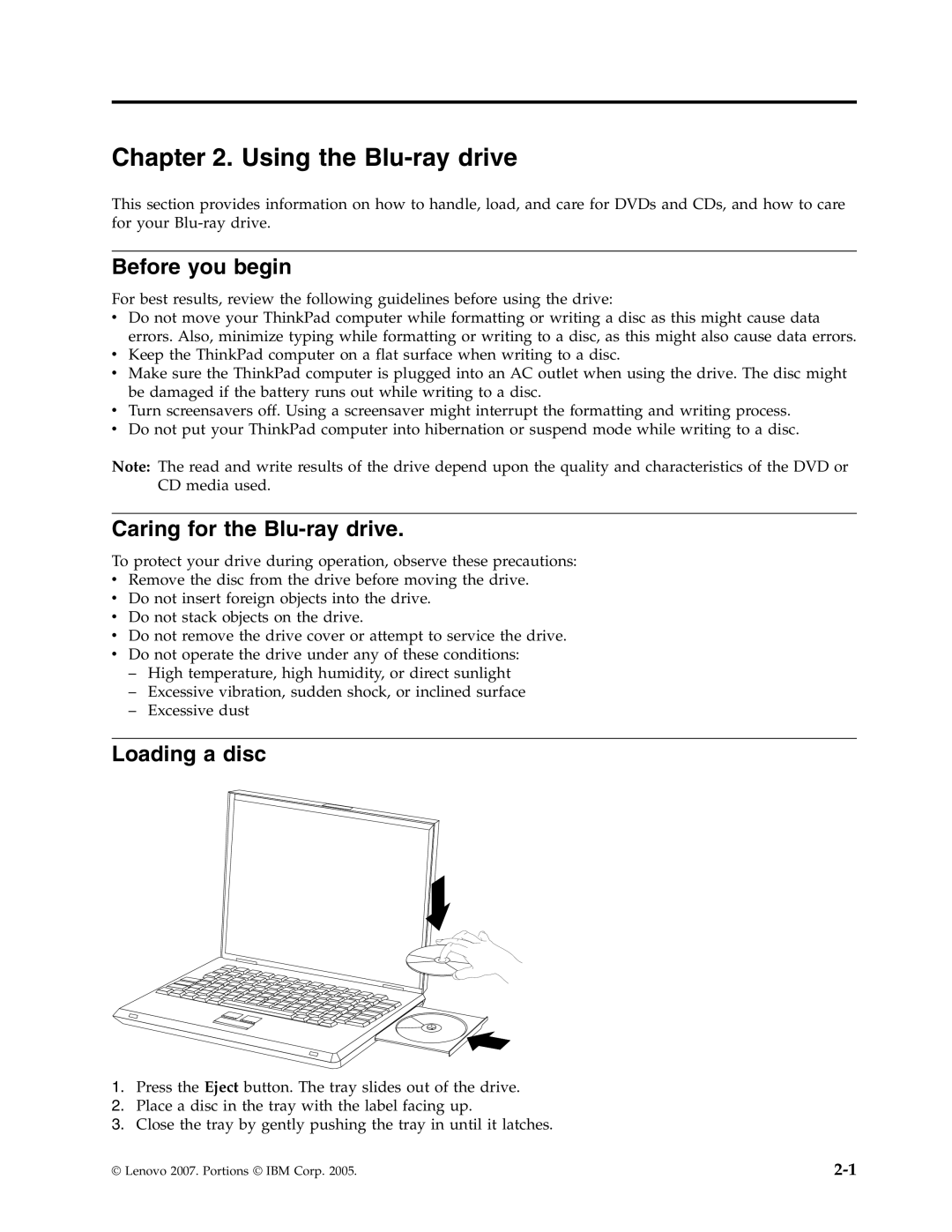 Lenovo 43N3201 manual Using the Blu-raydrive, Before you begin, Caring for the Blu-raydrive, Loading a disc 