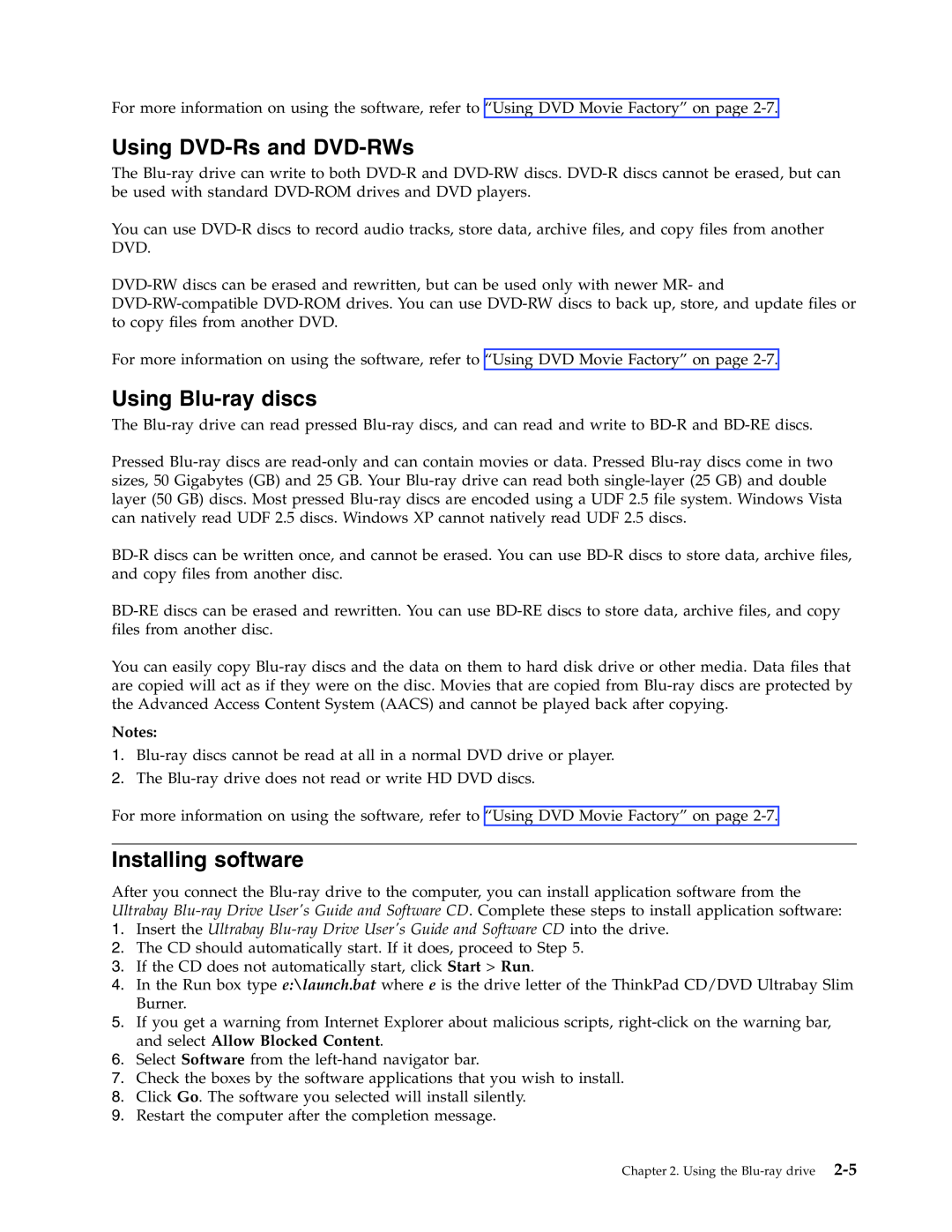 Lenovo 43N3201 manual Using DVD-Rsand DVD-RWs, Using Blu-raydiscs, Installing software 