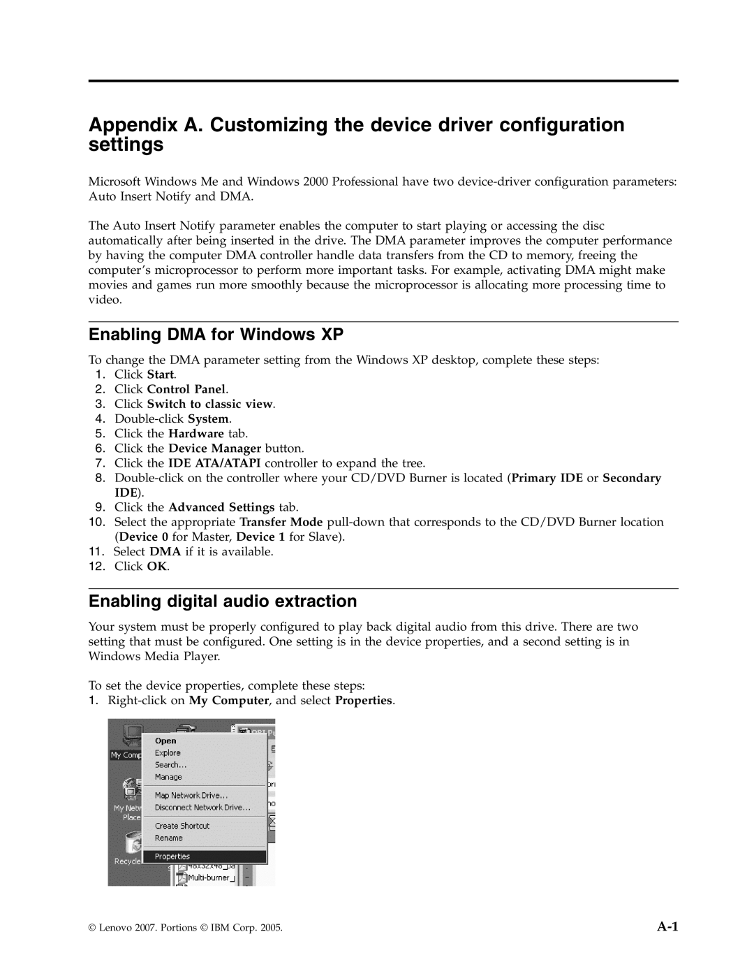 Lenovo 43N3201 manual Enabling DMA for Windows XP, Enabling digital audio extraction, Click Control Panel 