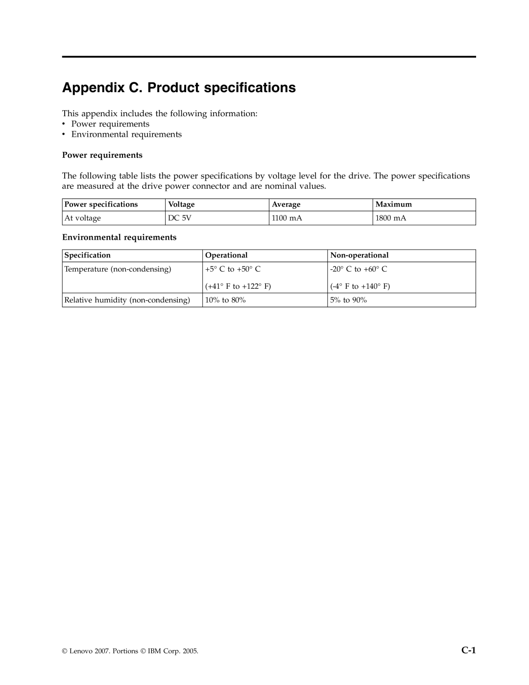 Lenovo 43N3201 manual Appendix C. Product specifications, Power requirements, Environmental requirements 