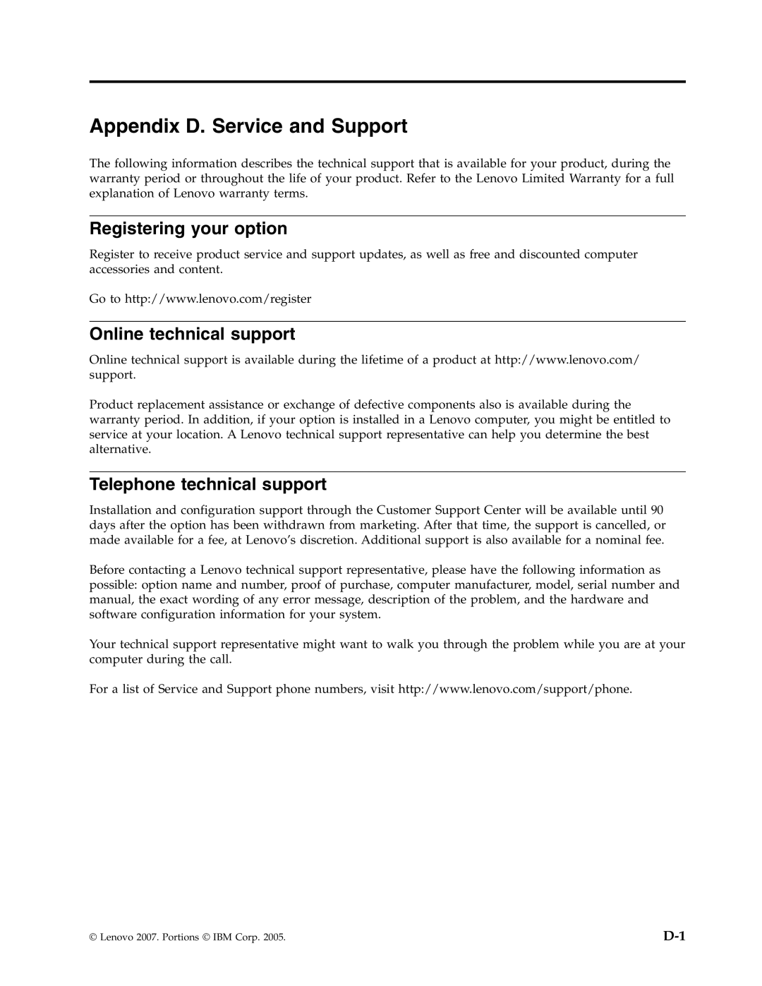 Lenovo 43N3201 manual Appendix D. Service and Support, Registering your option, Online technical support 