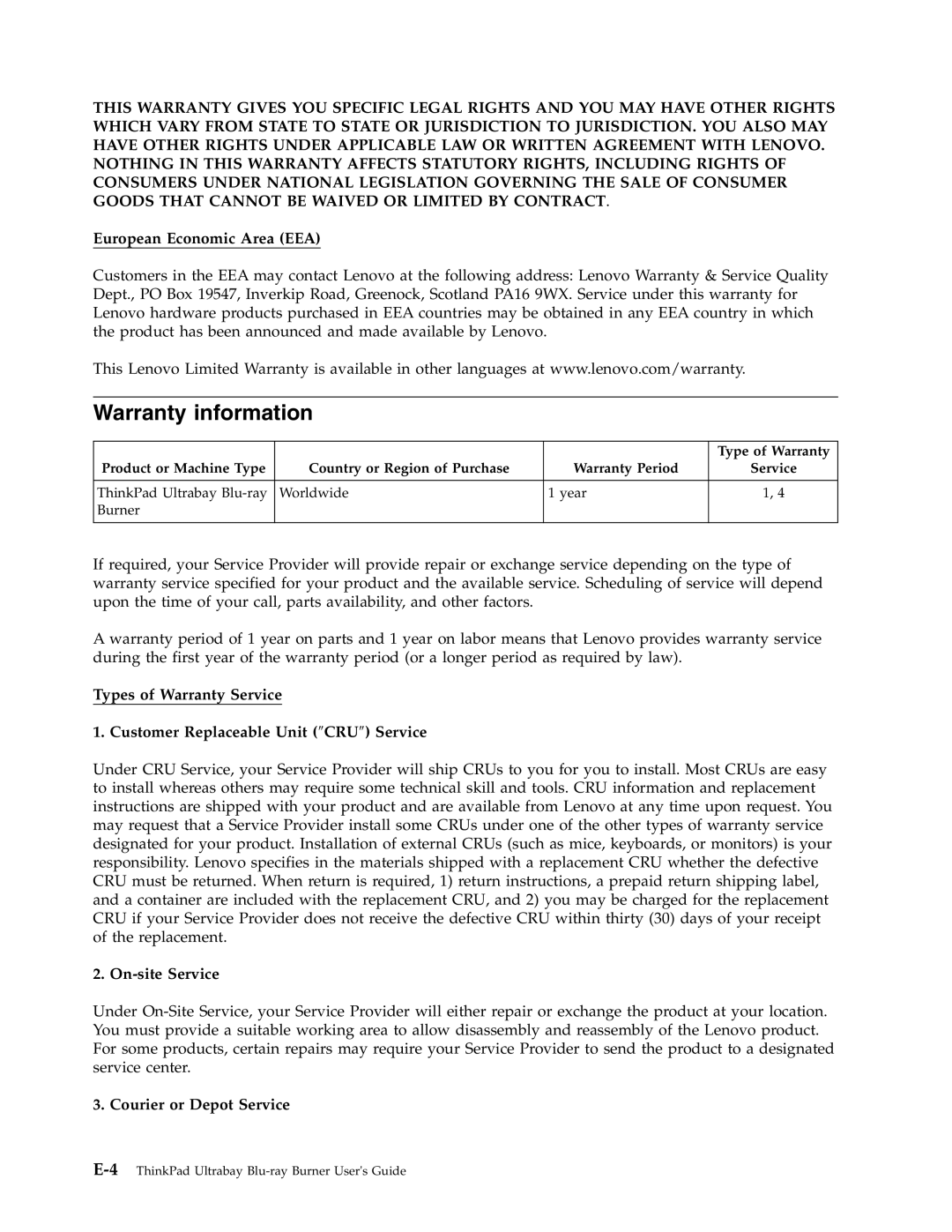 Lenovo 43N3201 manual Warranty information, European Economic Area EEA, Types of Warranty Service, On-siteService 