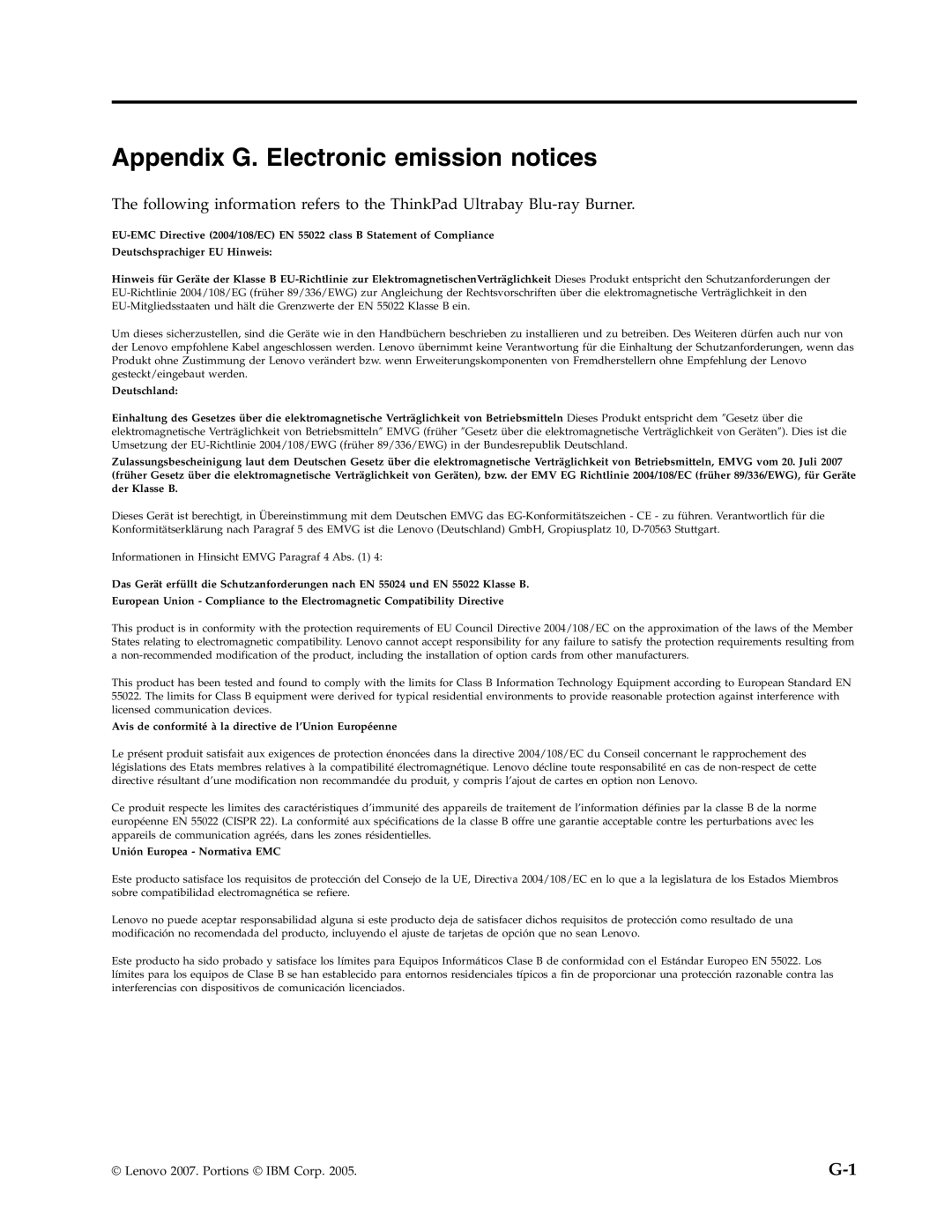 Lenovo 43N3201 manual Appendix G. Electronic emission notices 