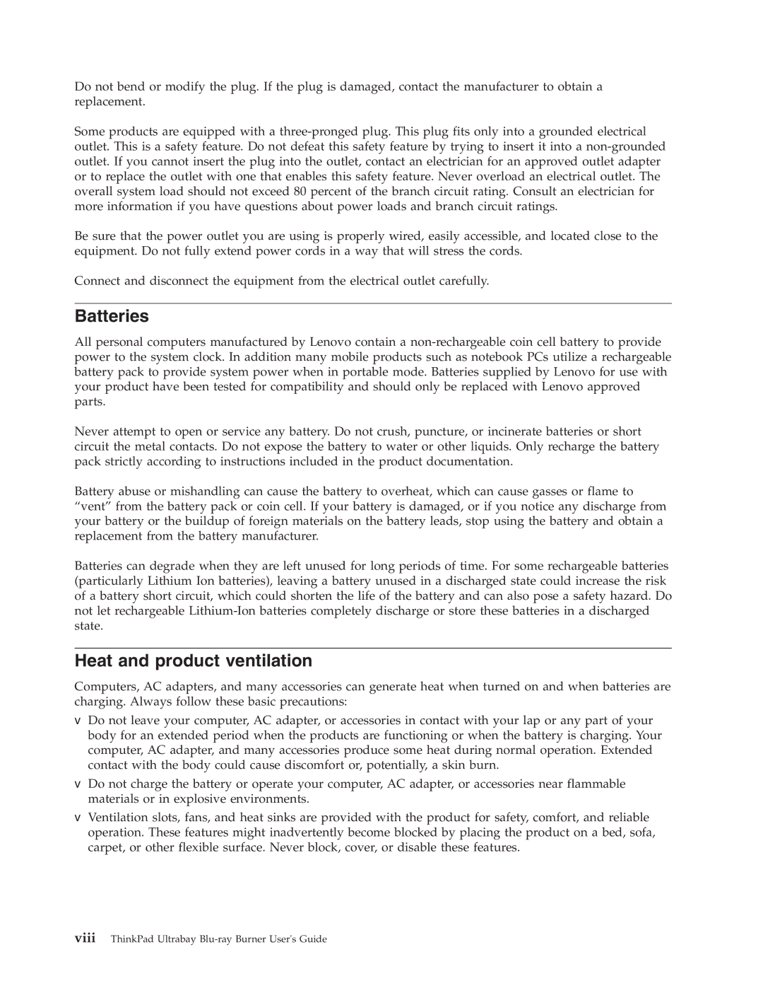 Lenovo 43N3201 manual Batteries, Heat and product ventilation 