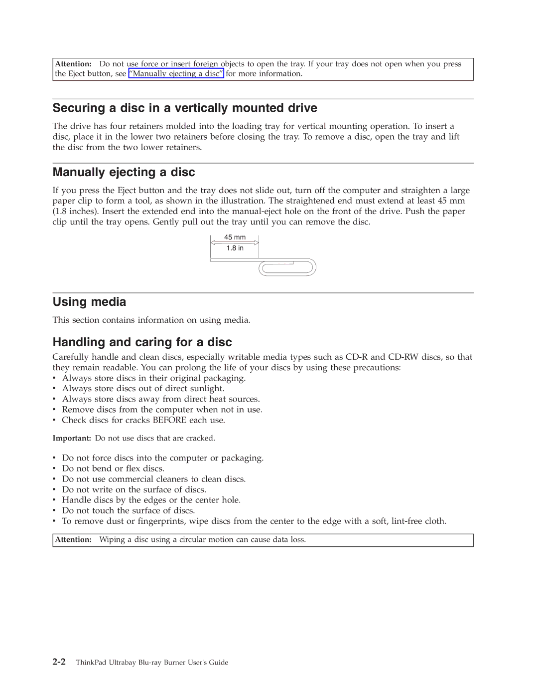 Lenovo 43N3201 manual Securing a disc in a vertically mounted drive, Manually ejecting a disc, Using media 