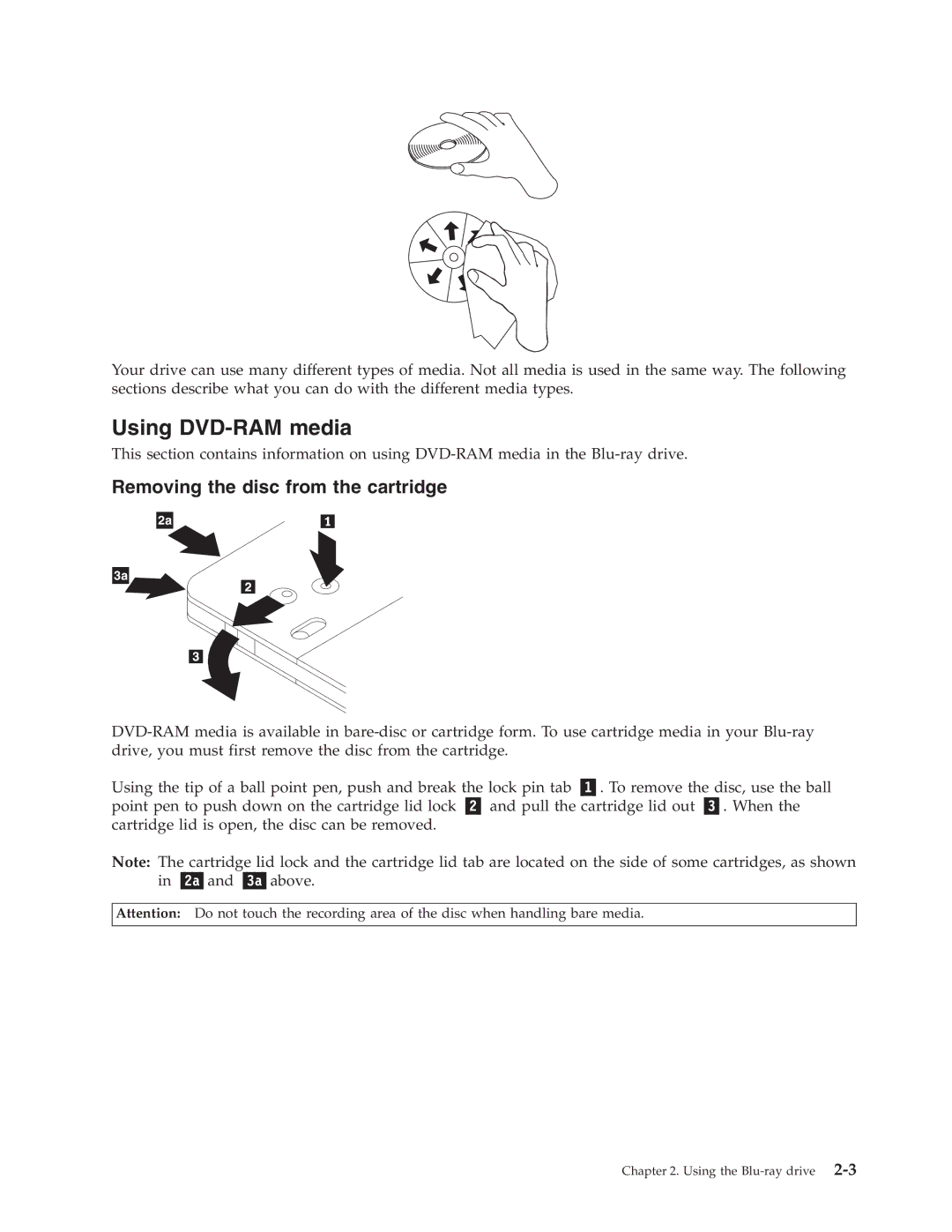 Lenovo 43N3201 manual Using DVD-RAM media, Removing the disc from the cartridge 