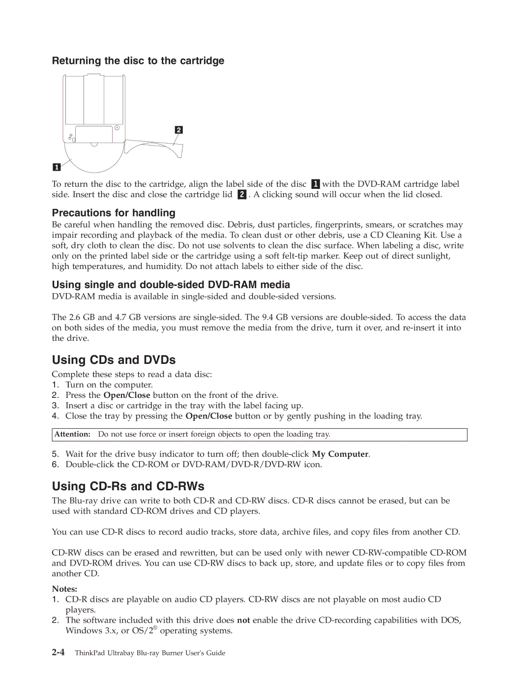 Lenovo 43N3201 manual Using CDs and DVDs, Using CD-Rs and CD-RWs 