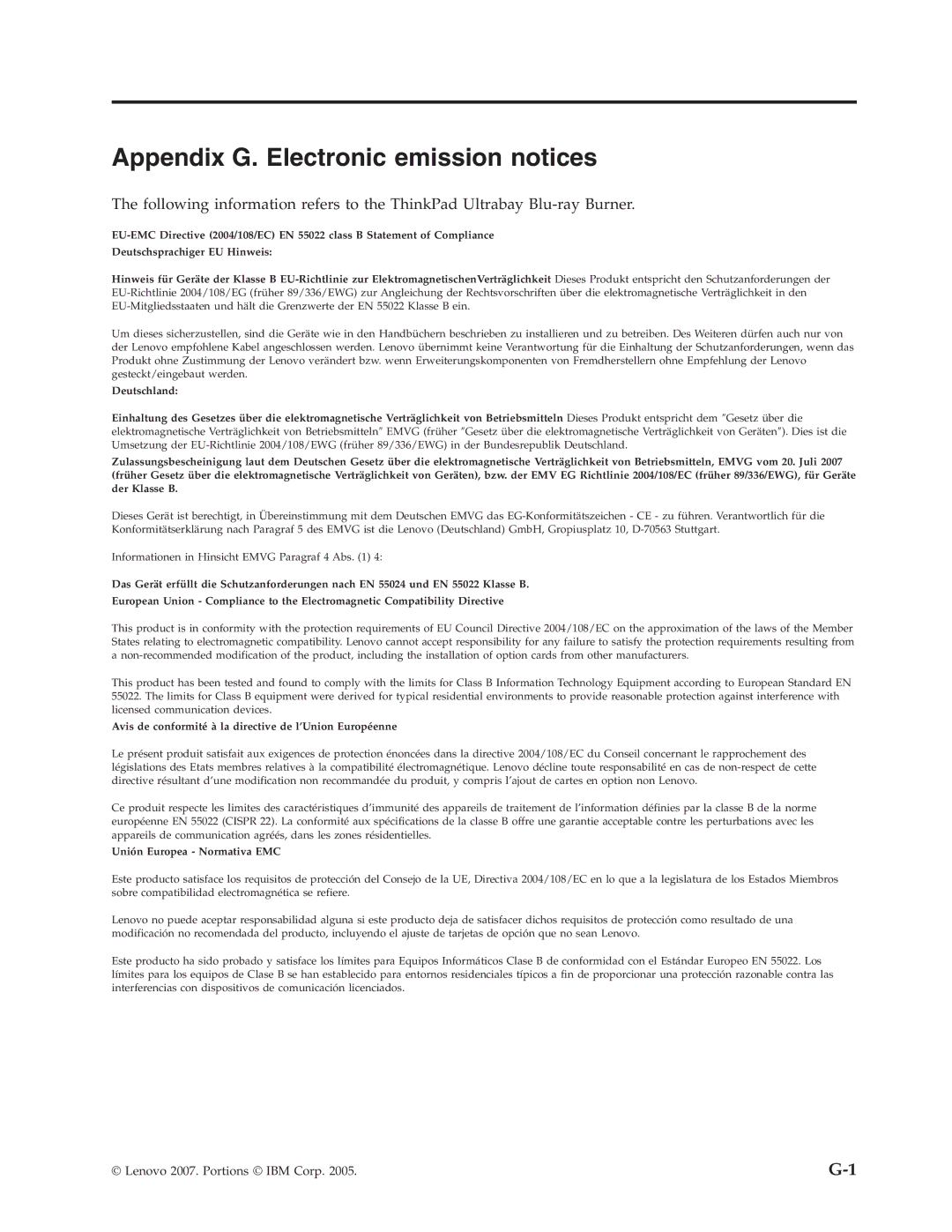 Lenovo 43N3201 manual Appendix G. Electronic emission notices, Avis de conformité à la directive de l’Union Européenne 