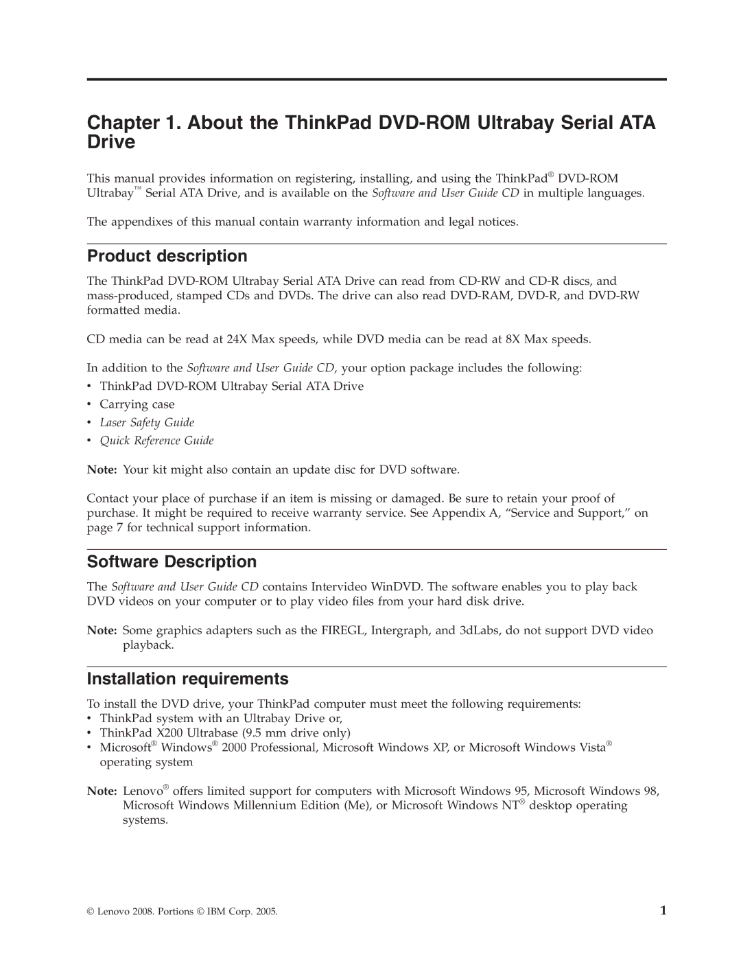 Lenovo 43N3218 manual About the ThinkPad DVD-ROM Ultrabay Serial ATA Drive, Product description, Software Description 