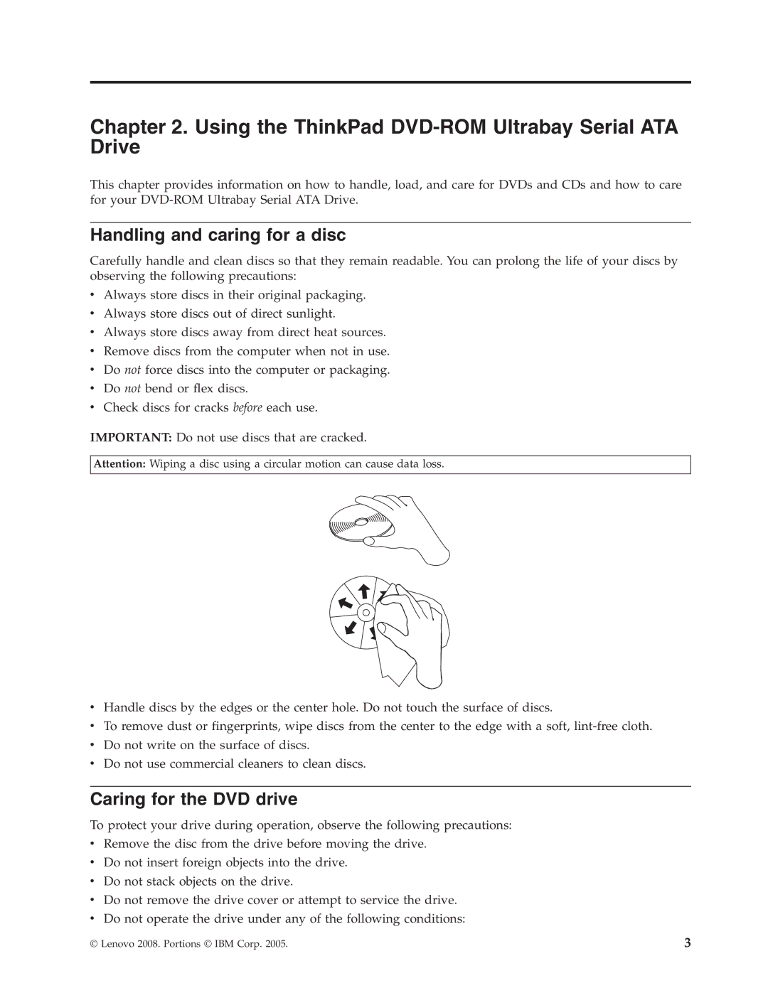 Lenovo 43N3218 manual Using the ThinkPad DVD-ROM Ultrabay Serial ATA Drive, Handling and caring for a disc 