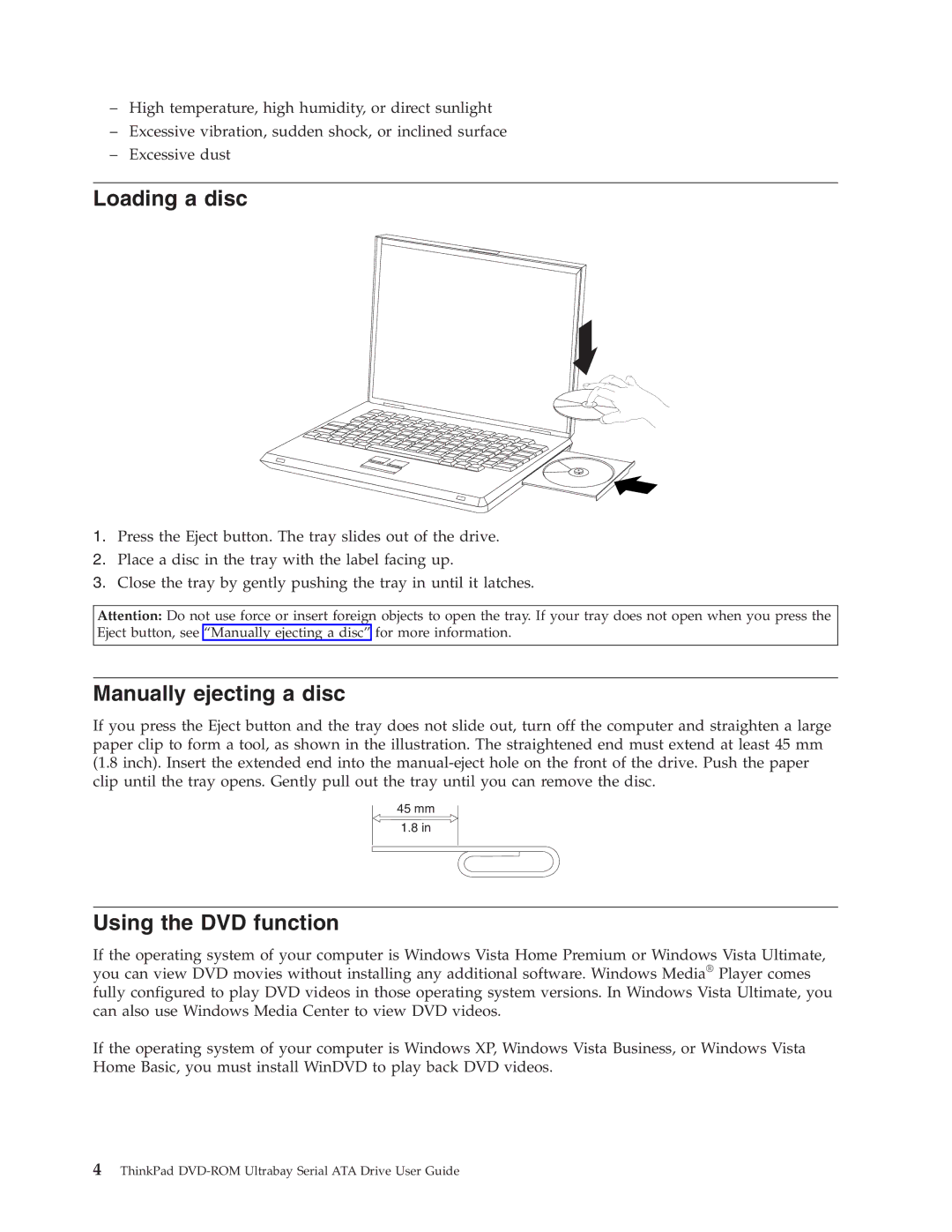 Lenovo 43N3218 manual Loading a disc, Manually ejecting a disc, Using the DVD function 