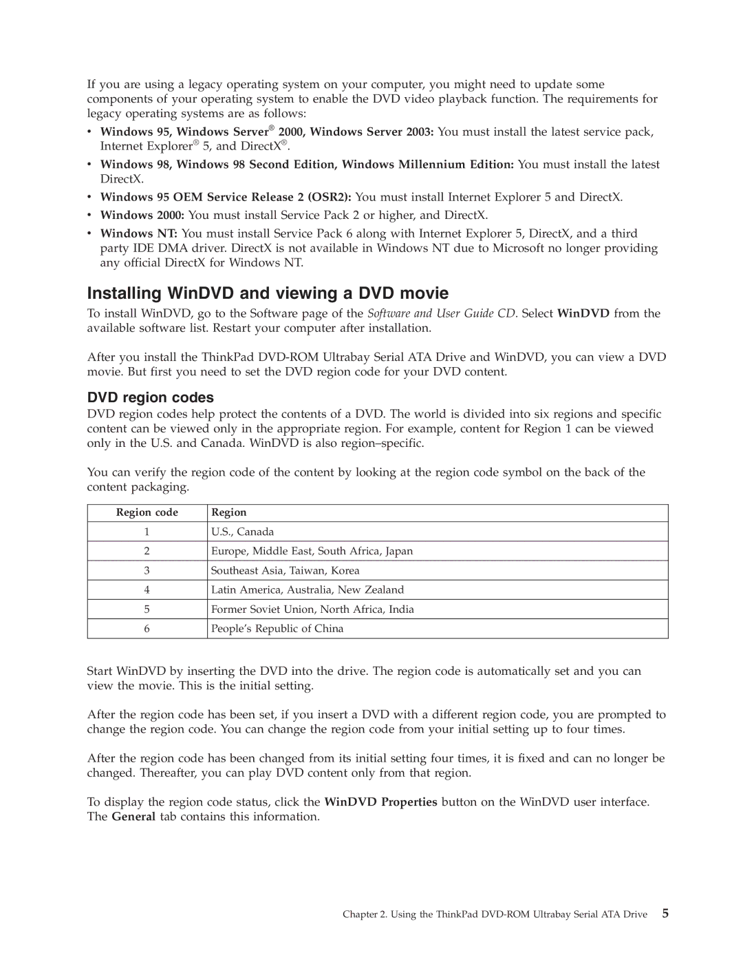 Lenovo 43N3218 manual Installing WinDVD and viewing a DVD movie, DVD region codes 