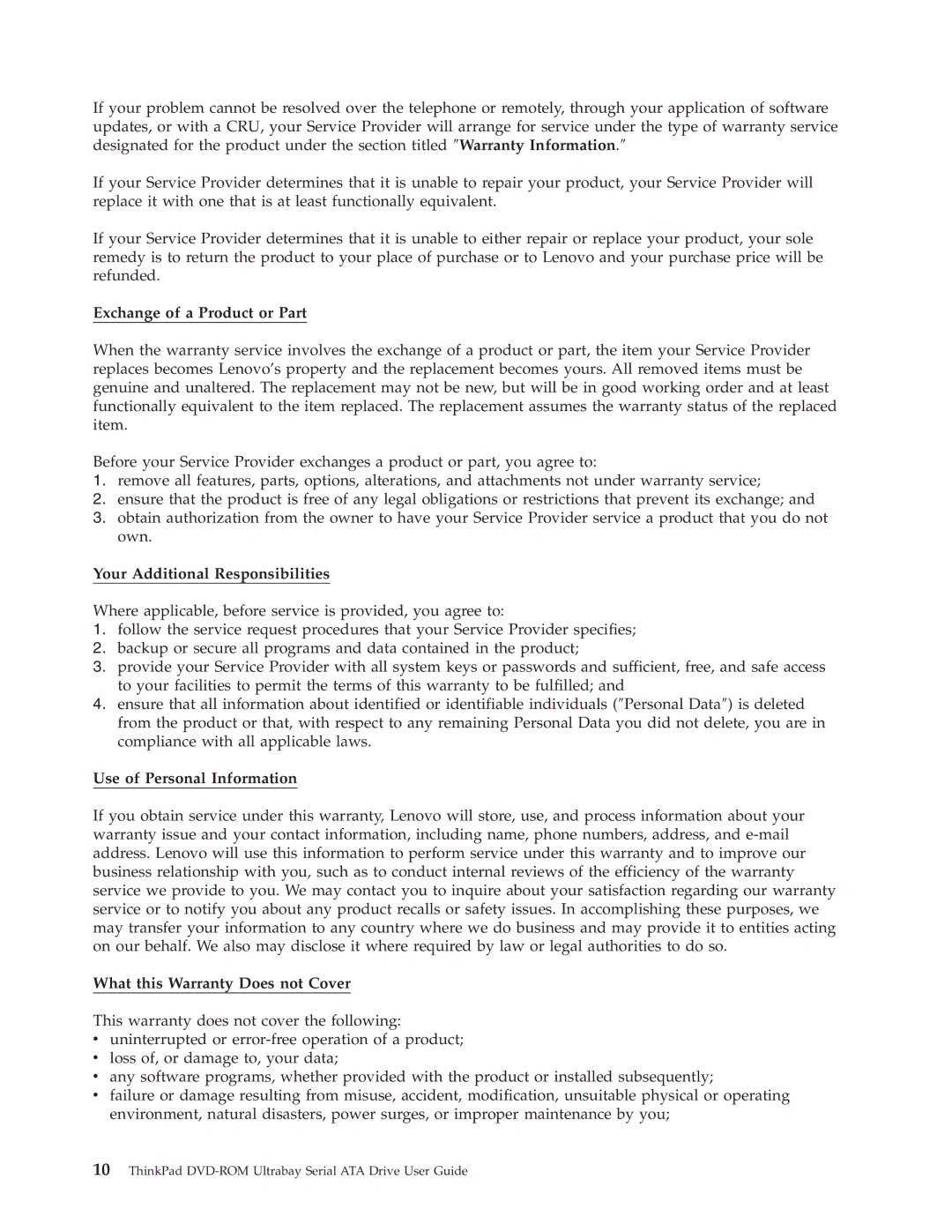 Lenovo 43N3218 manual Exchange of a Product or Part, Your Additional Responsibilities, Use of Personal Information 