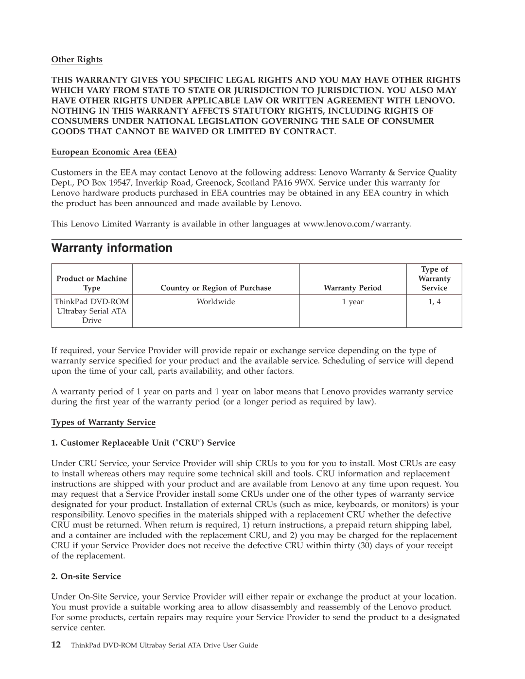 Lenovo 43N3218 manual Warranty information, Other Rights, European Economic Area EEA, On-site Service 