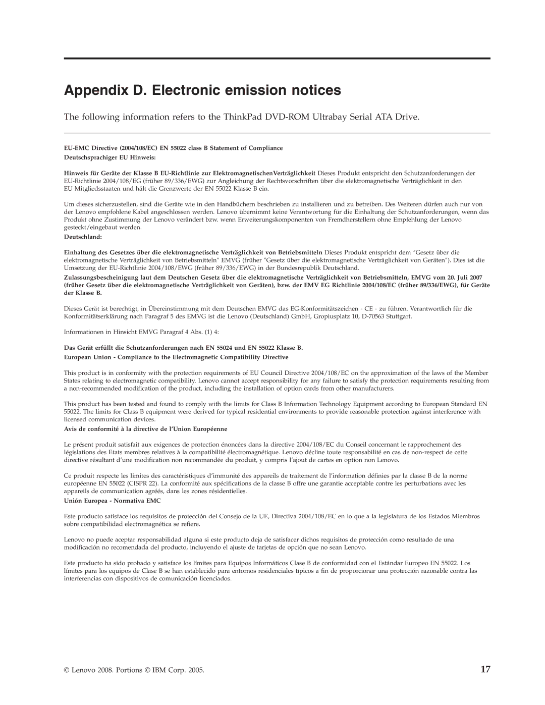 Lenovo 43N3218 manual Appendix D. Electronic emission notices, Avis de conformité à la directive de l’Union Européenne 