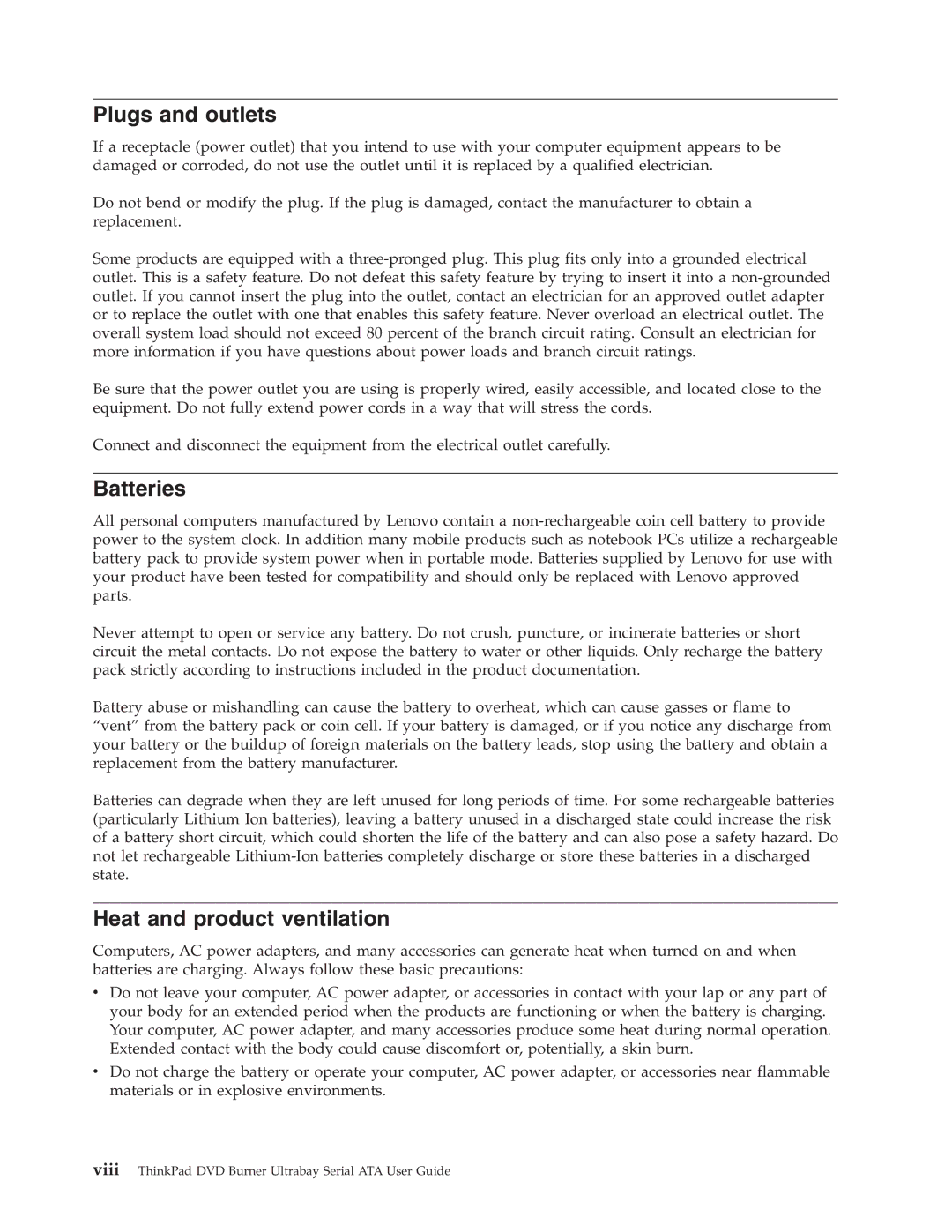 Lenovo 43N3222 manual Plugs and outlets, Batteries, Heat and product ventilation 
