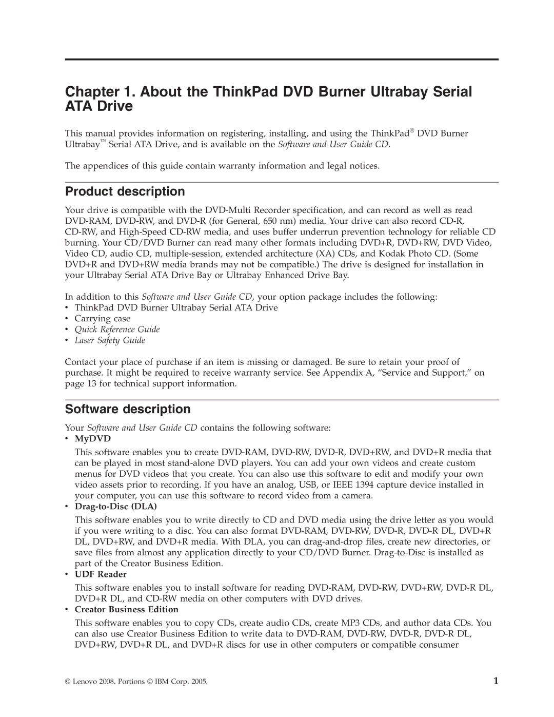 Lenovo 43N3222 manual About the ThinkPad DVD Burner Ultrabay Serial ATA Drive, Product description, Software description 