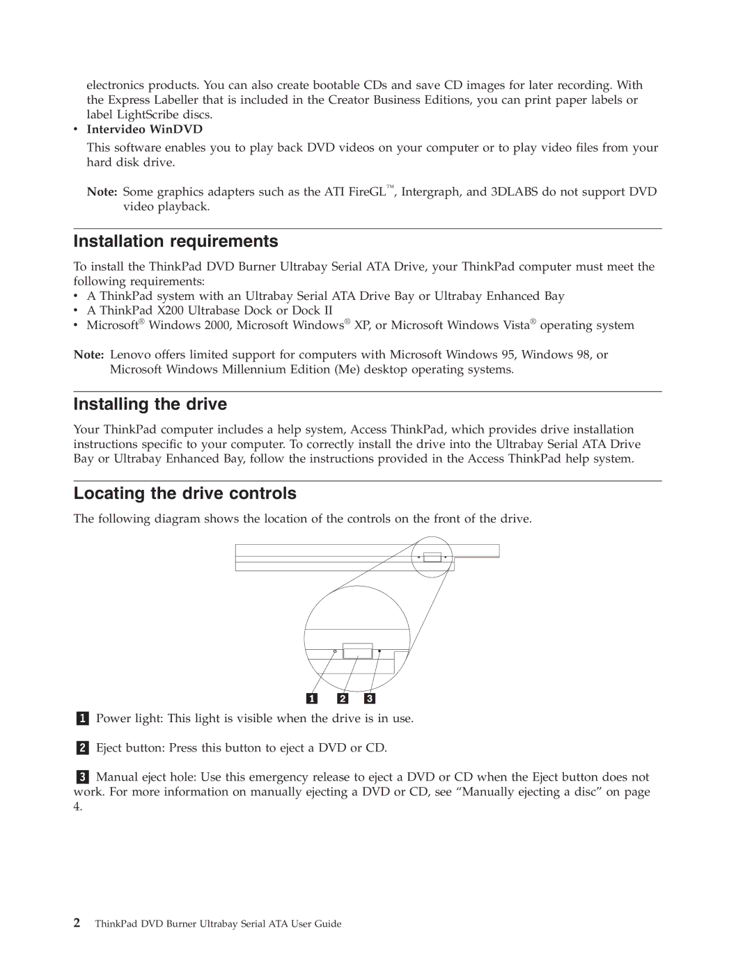 Lenovo 43N3222 manual Installation requirements, Installing the drive, Locating the drive controls, Intervideo WinDVD 