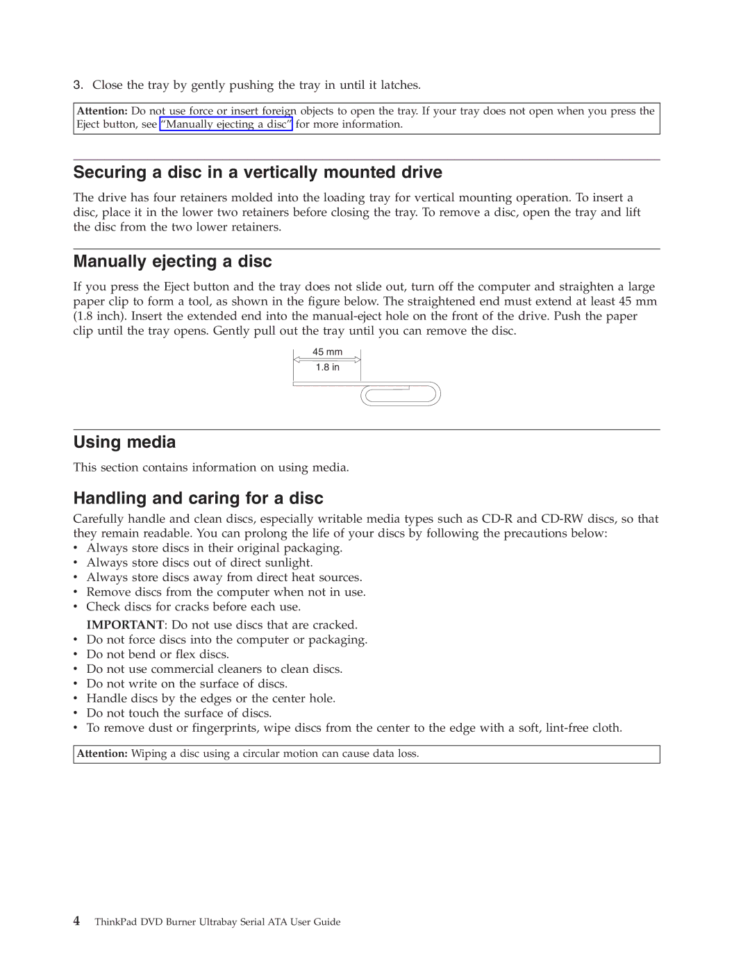 Lenovo 43N3222 manual Securing a disc in a vertically mounted drive, Manually ejecting a disc, Using media 