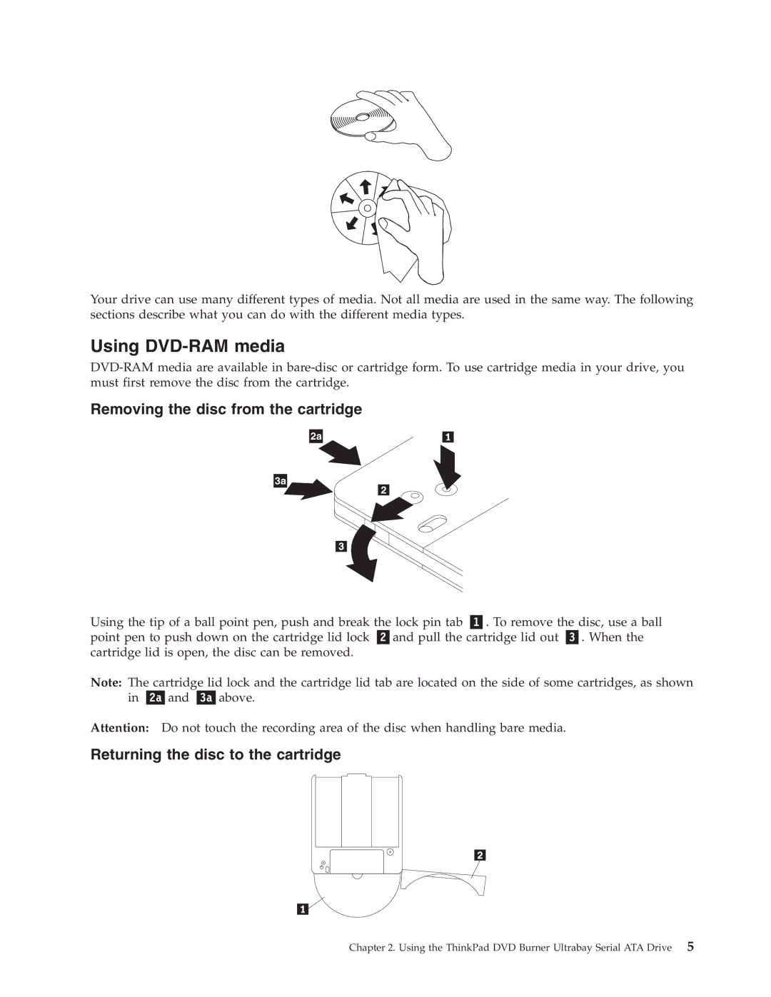 Lenovo 43N3222 manual Using DVD-RAM media, Removing the disc from the cartridge 