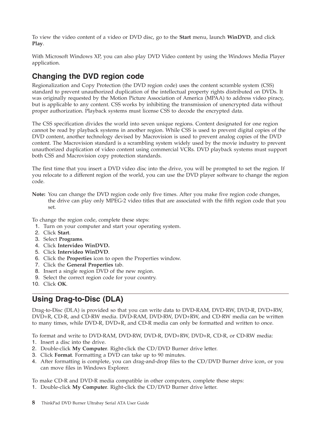 Lenovo 43N3222 manual Changing the DVD region code, Using Drag-to-Disc DLA, Click Intervideo WinDVD 