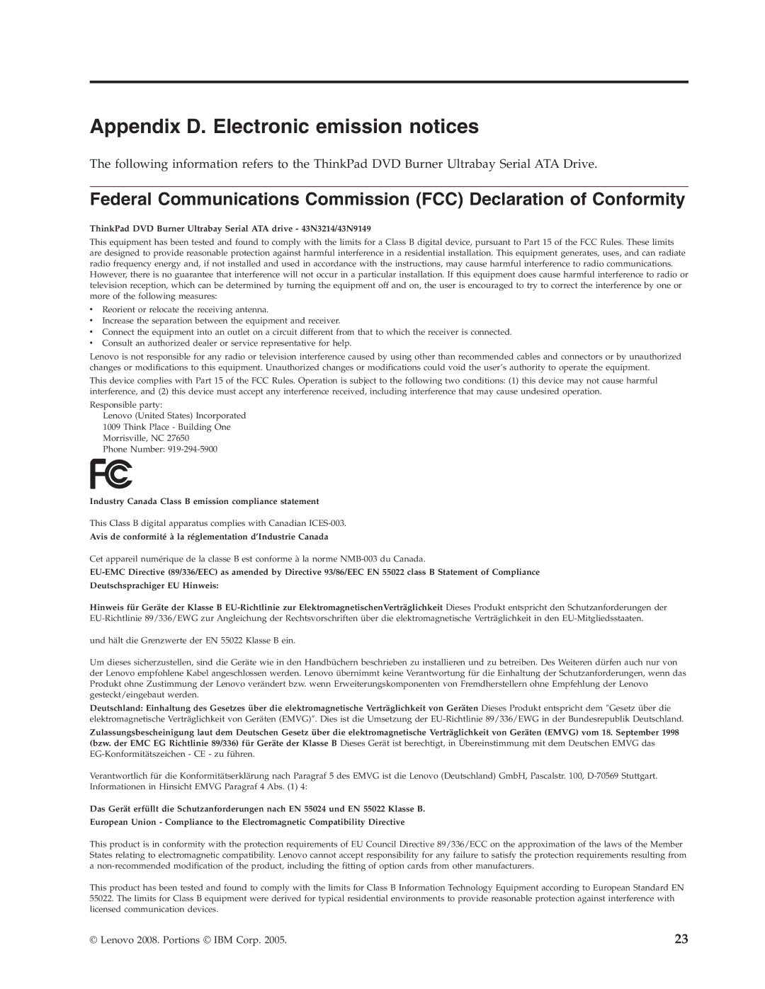 Lenovo 43N3222 manual Appendix D. Electronic emission notices 