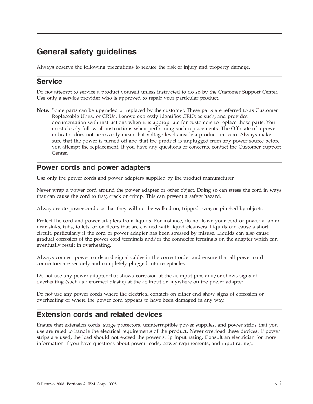 Lenovo 43N3222 General safety guidelines, Service, Power cords and power adapters, Extension cords and related devices 