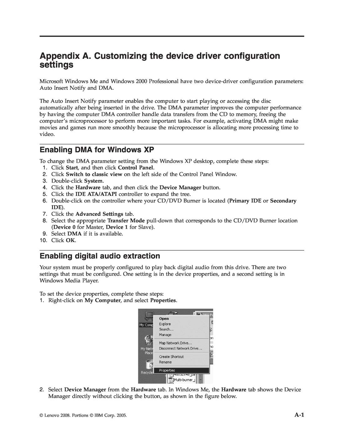 Lenovo 43N3224 manual Enabling DMA for Windows XP, Enabling digital audio extraction, Click the Advanced Settings tab 
