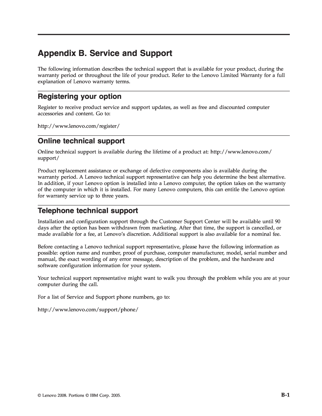Lenovo 43N3224 manual Appendix B. Service and Support, Registering your option, Online technical support 