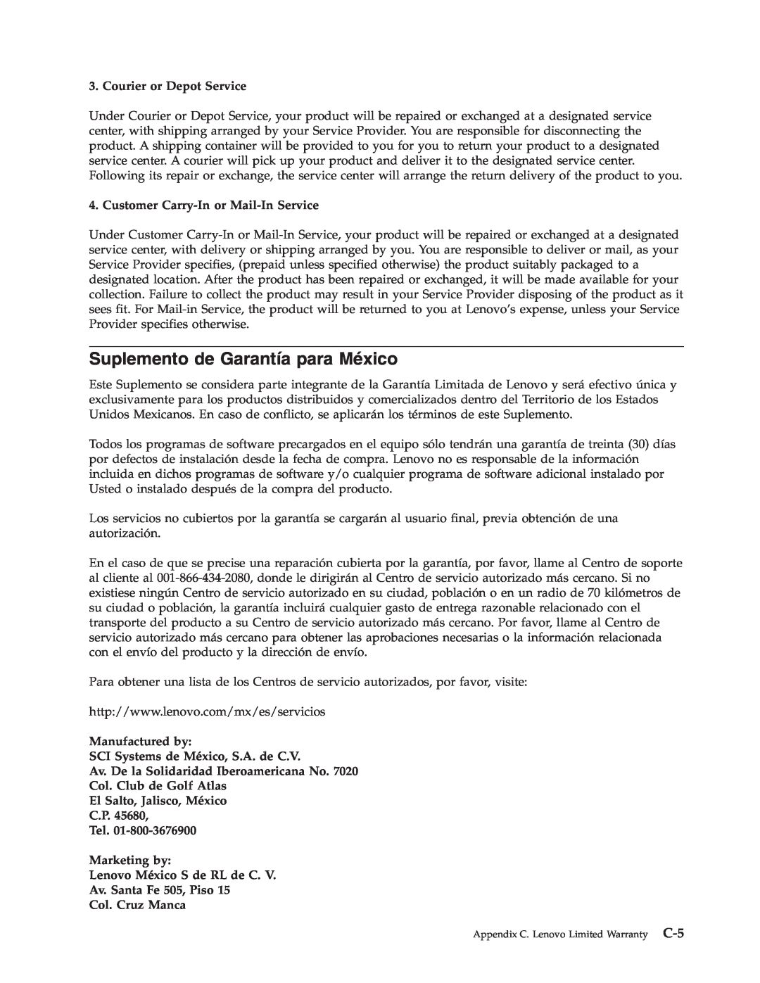 Lenovo 43N3224 manual Suplemento de Garantía para México, Courier or Depot Service, Customer Carry-Inor Mail-InService 
