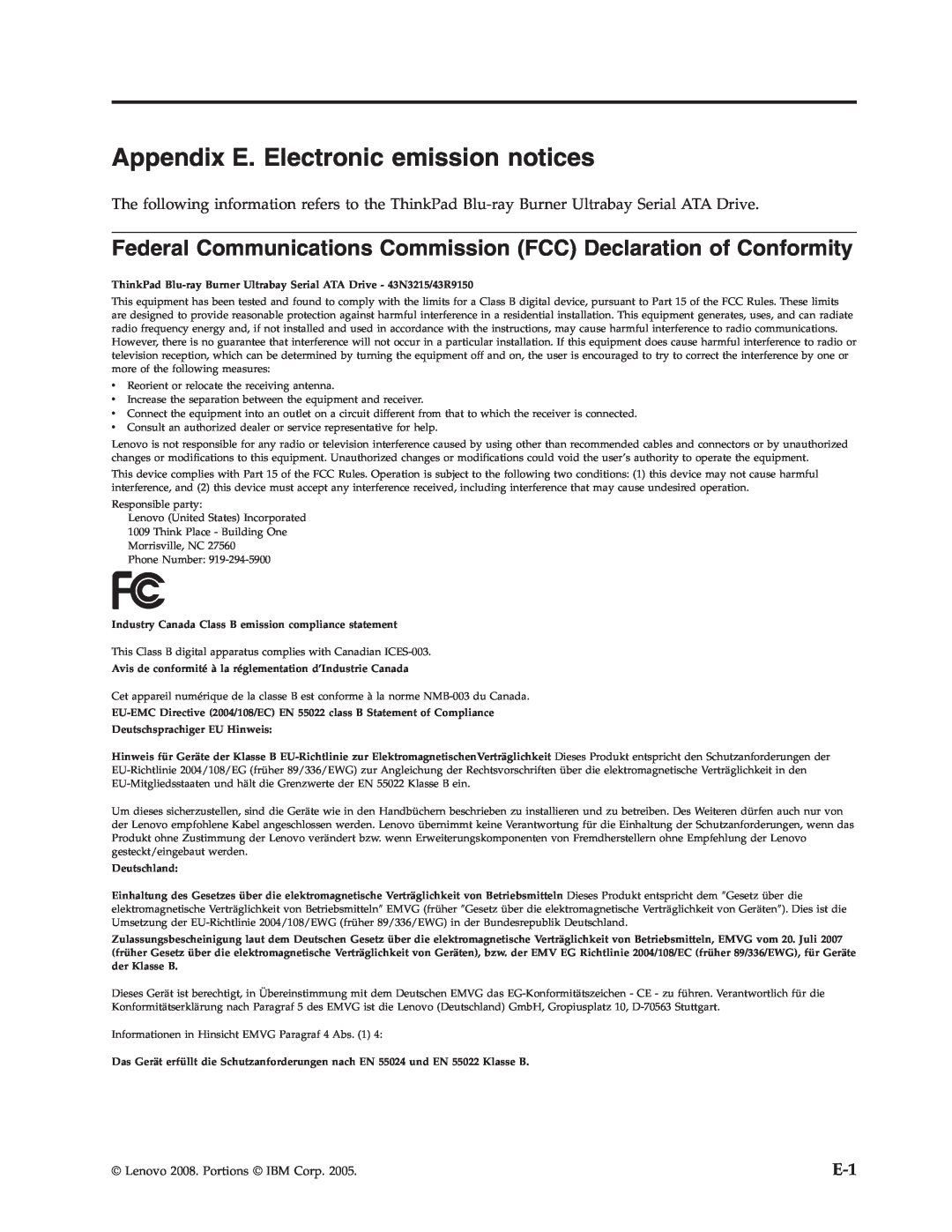 Lenovo 43N3224 manual Appendix E. Electronic emission notices, Deutschsprachiger EU Hinweis, Deutschland 