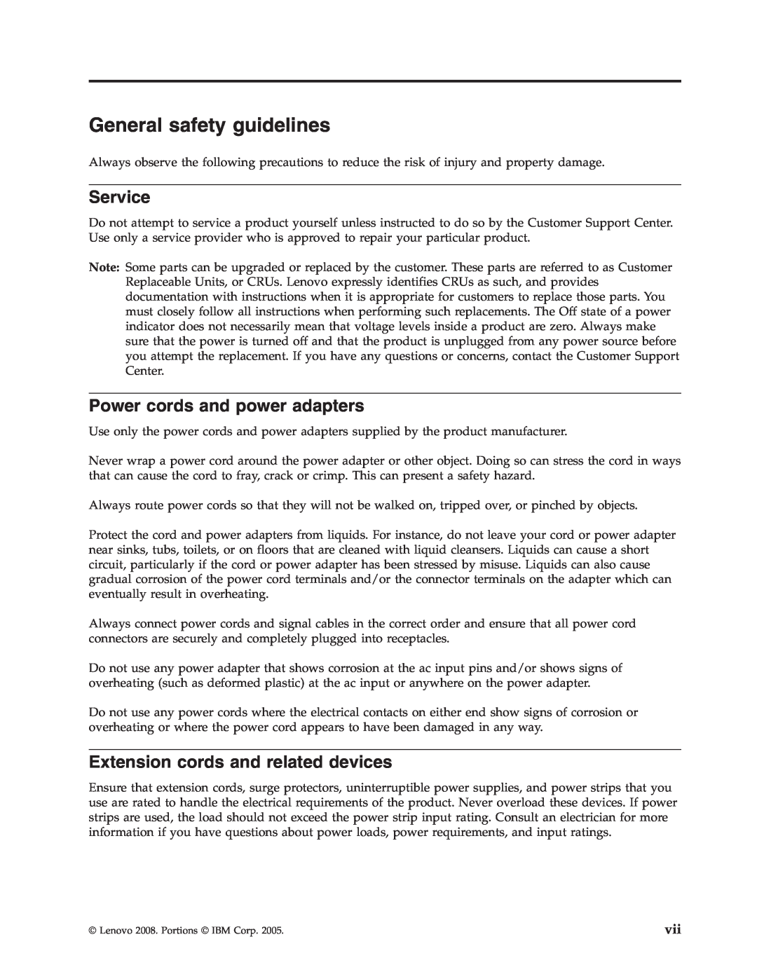 Lenovo 43N3224 General safety guidelines, Service, Power cords and power adapters, Extension cords and related devices 
