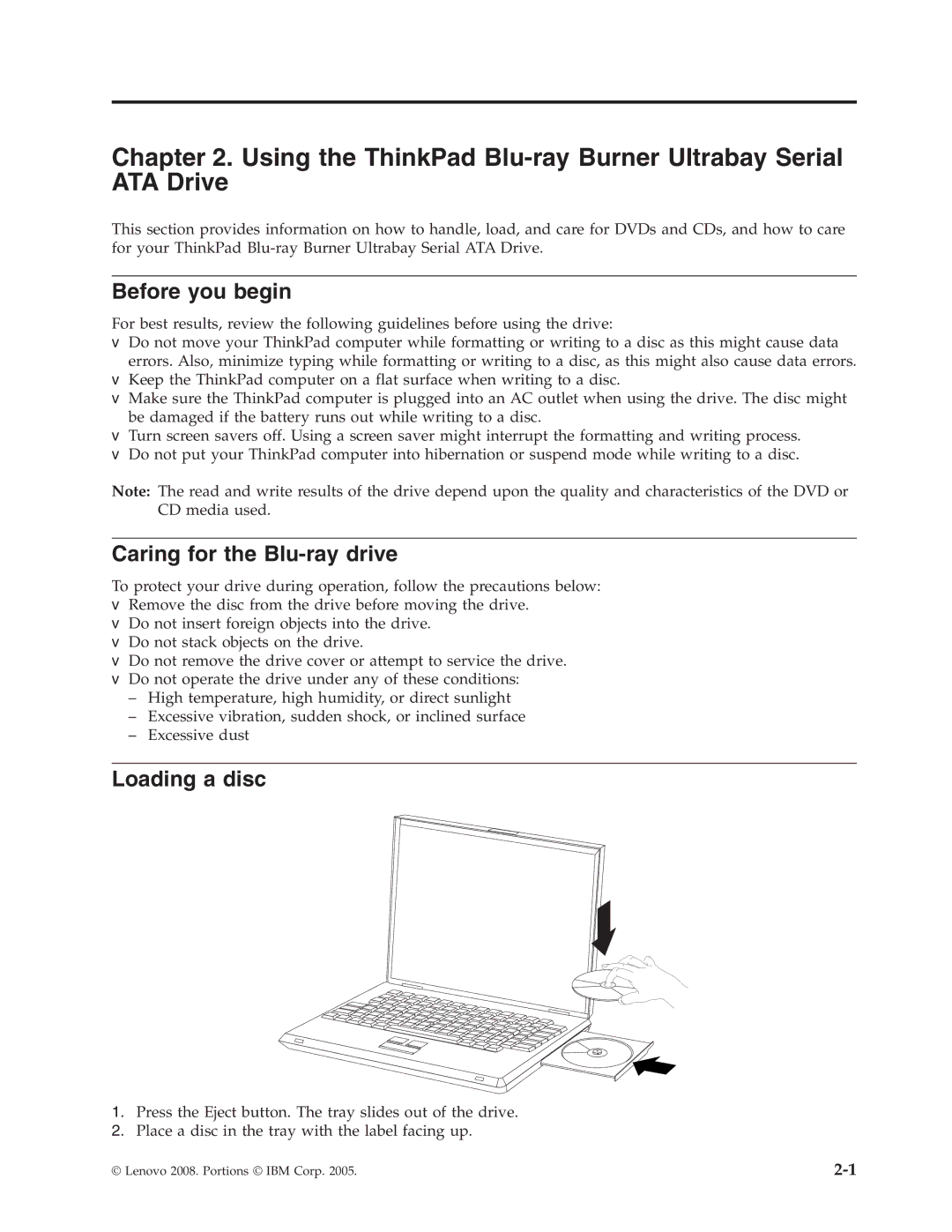 Lenovo 43N3224 Using the ThinkPad Blu-ray Burner Ultrabay Serial ATA Drive, Before you begin, Caring for the Blu-ray drive 