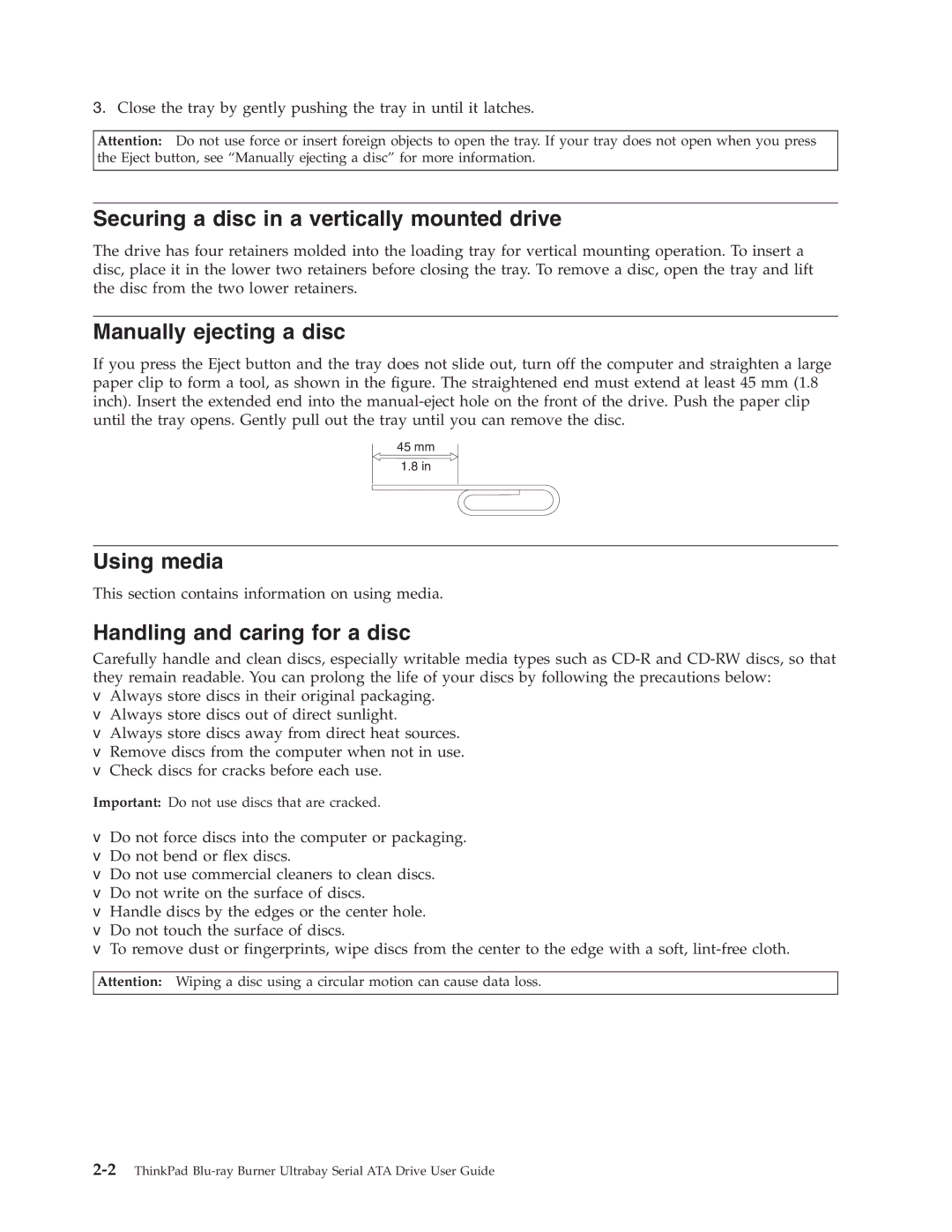 Lenovo 43N3224 manual Securing a disc in a vertically mounted drive, Manually ejecting a disc, Using media 