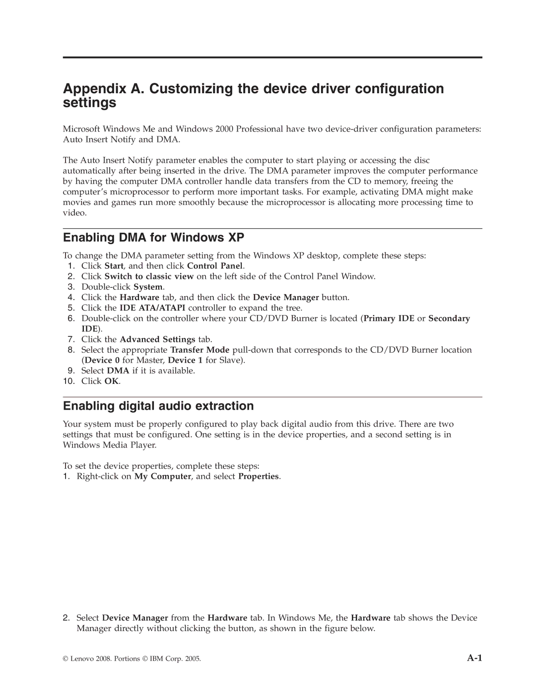 Lenovo 43N3224 manual Enabling DMA for Windows XP, Enabling digital audio extraction, Click the Advanced Settings tab 