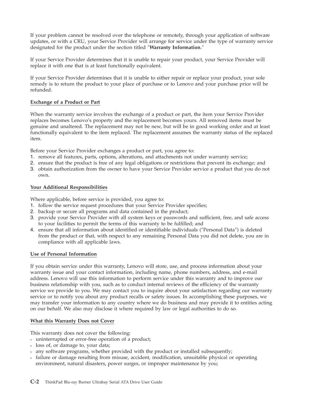 Lenovo 43N3224 manual Exchange of a Product or Part, Your Additional Responsibilities, Use of Personal Information 