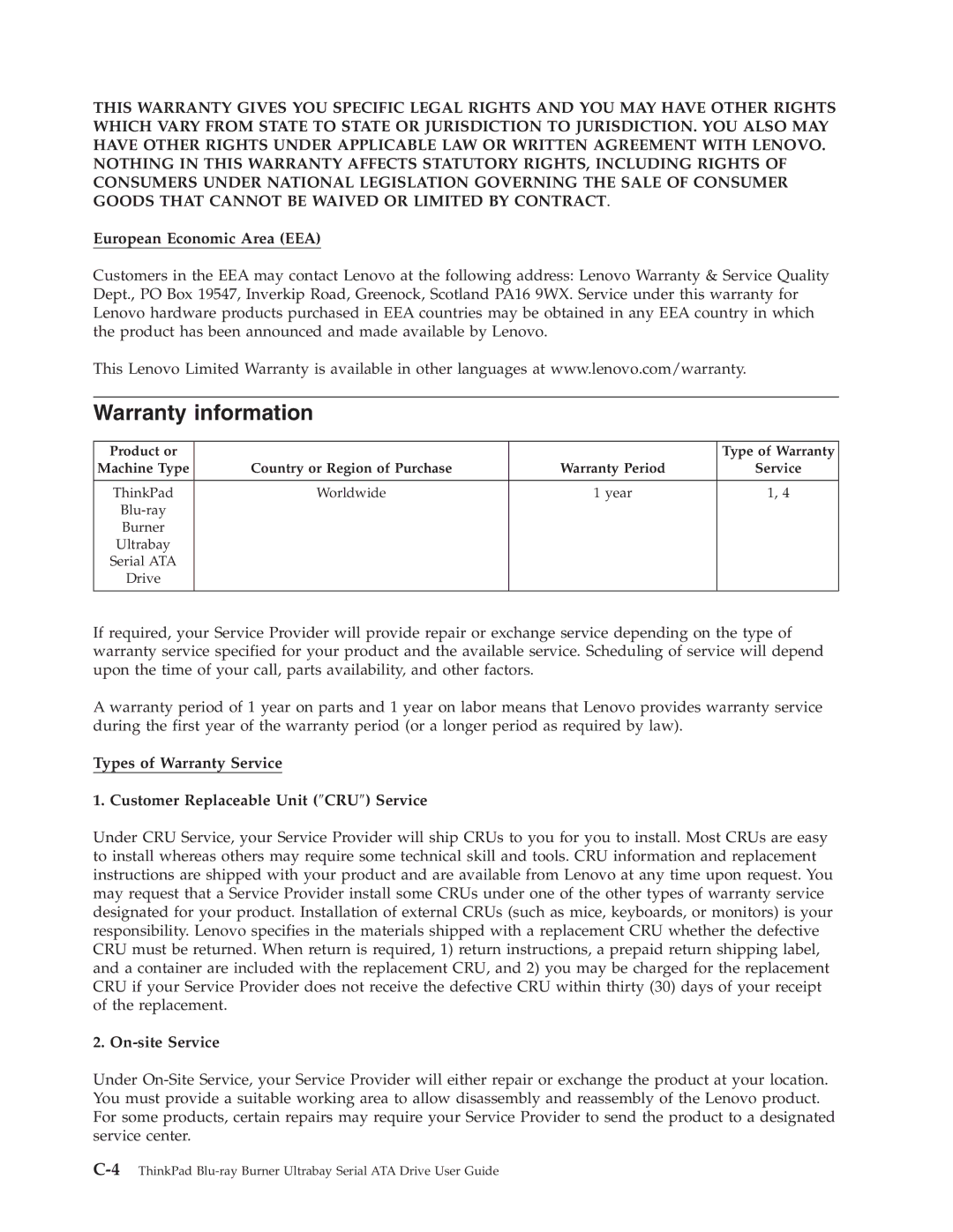 Lenovo 43N3224 manual Warranty information, European Economic Area EEA, On-site Service 