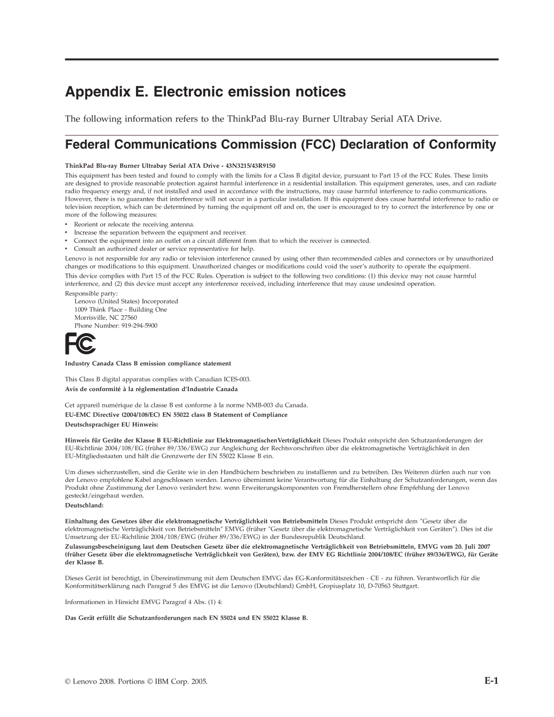 Lenovo 43N3224 manual Appendix E. Electronic emission notices 