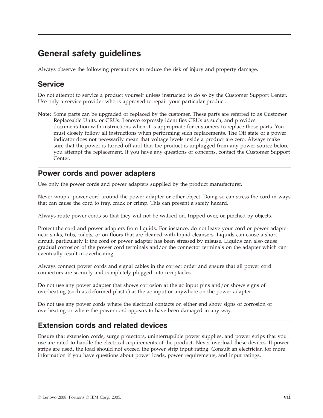 Lenovo 43N3224 General safety guidelines, Service, Power cords and power adapters, Extension cords and related devices 