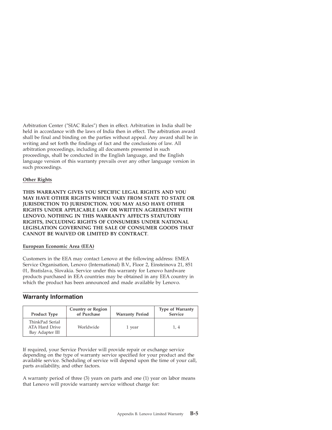 Lenovo 43N3412 manual Warranty Information, Other Rights, European Economic Area EEA 