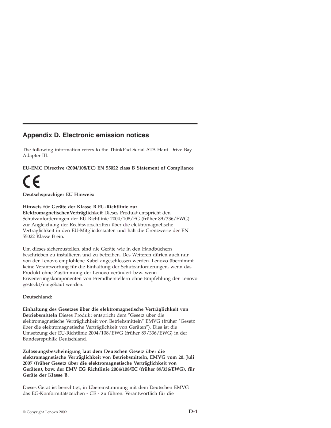 Lenovo 43N3412 manual Appendix D. Electronic emission notices 