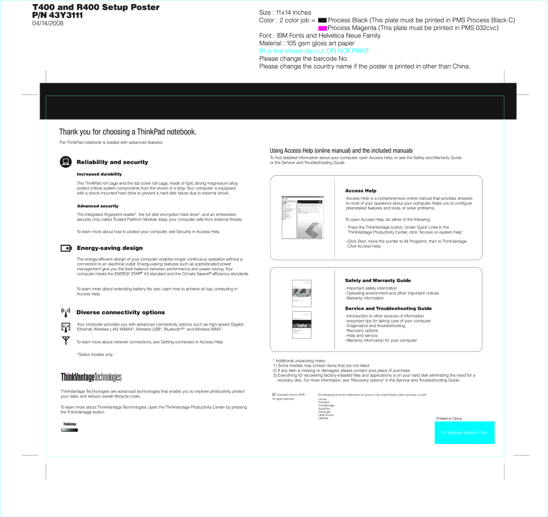 Lenovo 43Y3111 warranty 04/14/2008, Using Access Help online manual and the included manuals, Reliability and security 