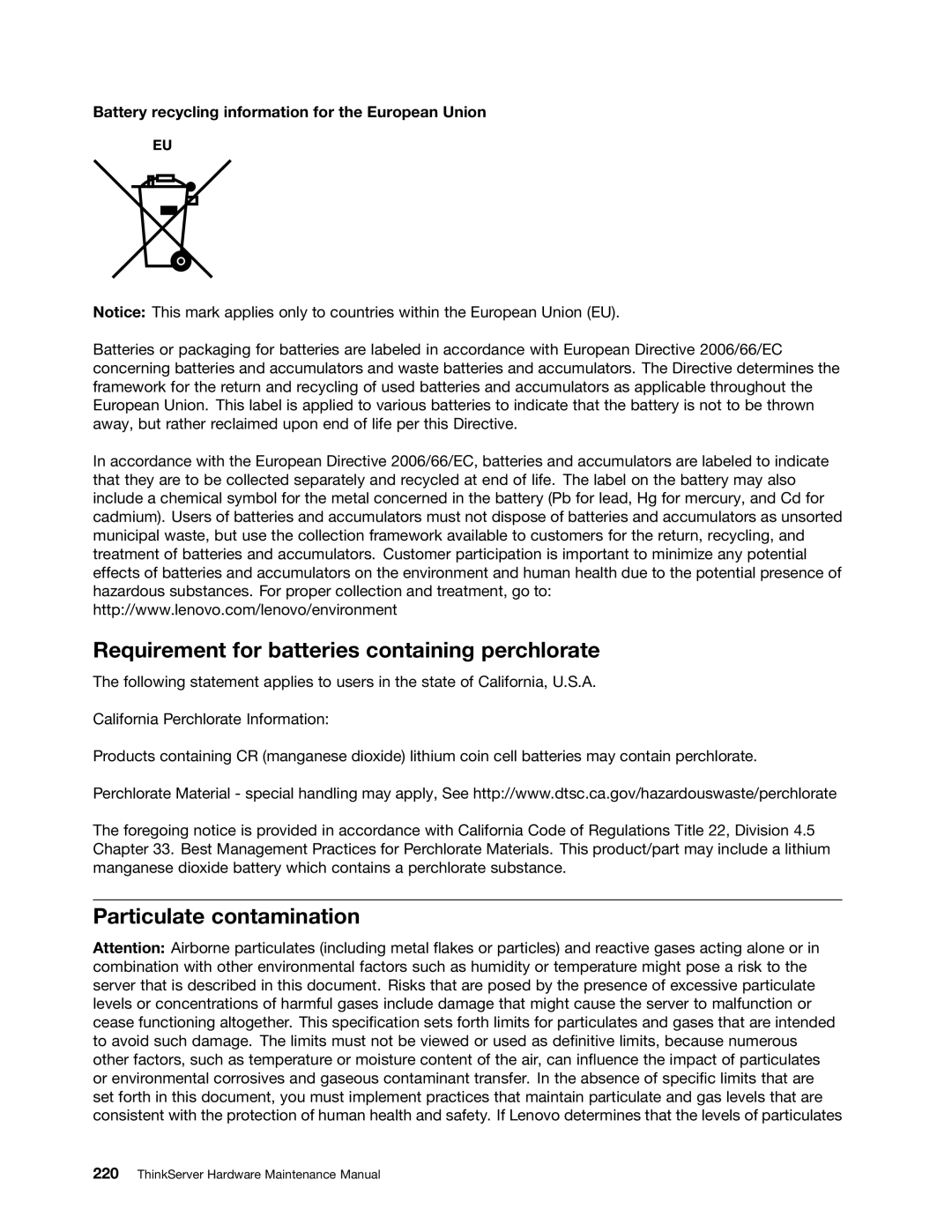 Lenovo 441, 393, 392, 391, 388, 389, 387, 390 manual Requirement for batteries containing perchlorate, Particulate contamination 