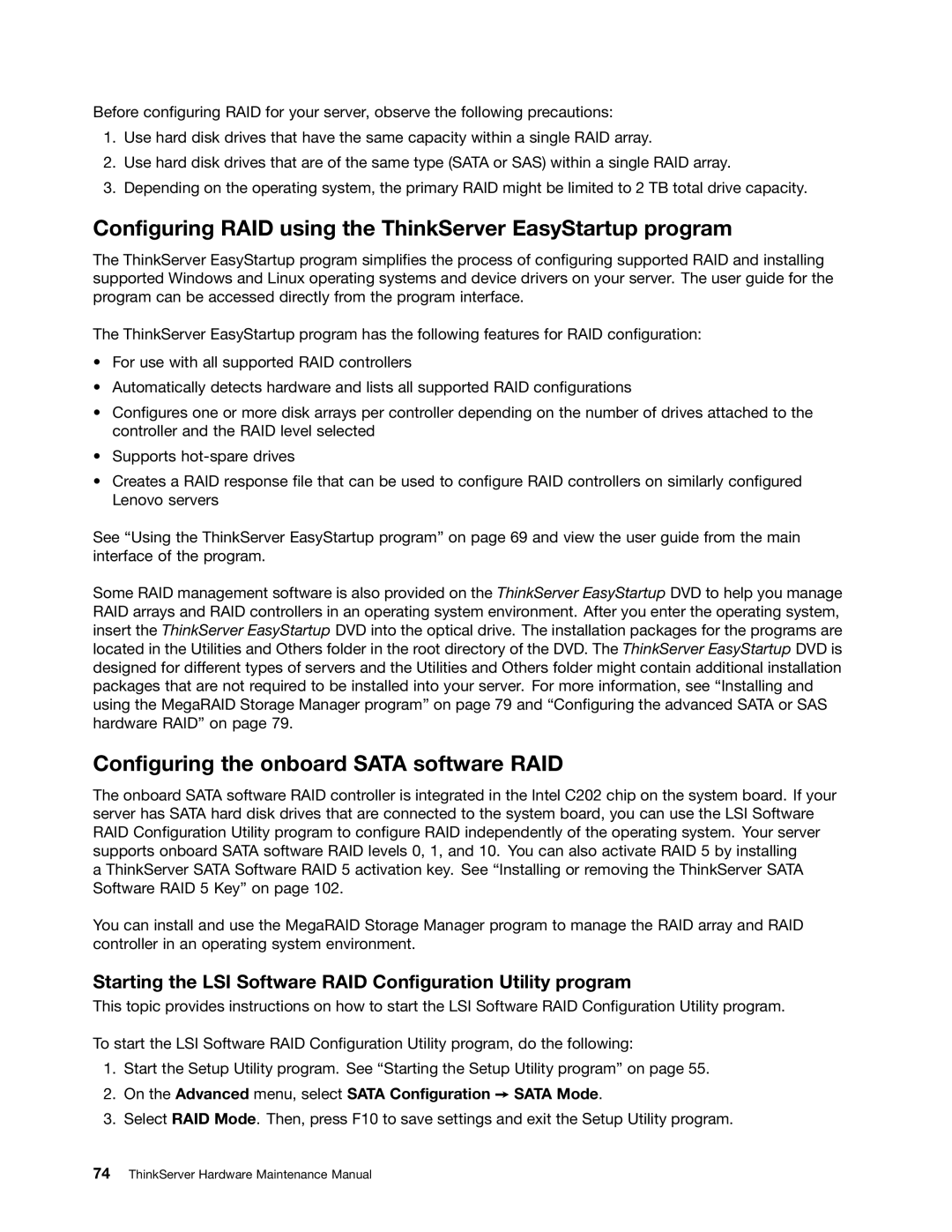 Lenovo 387, 441, 393 Configuring RAID using the ThinkServer EasyStartup program, Configuring the onboard Sata software RAID 