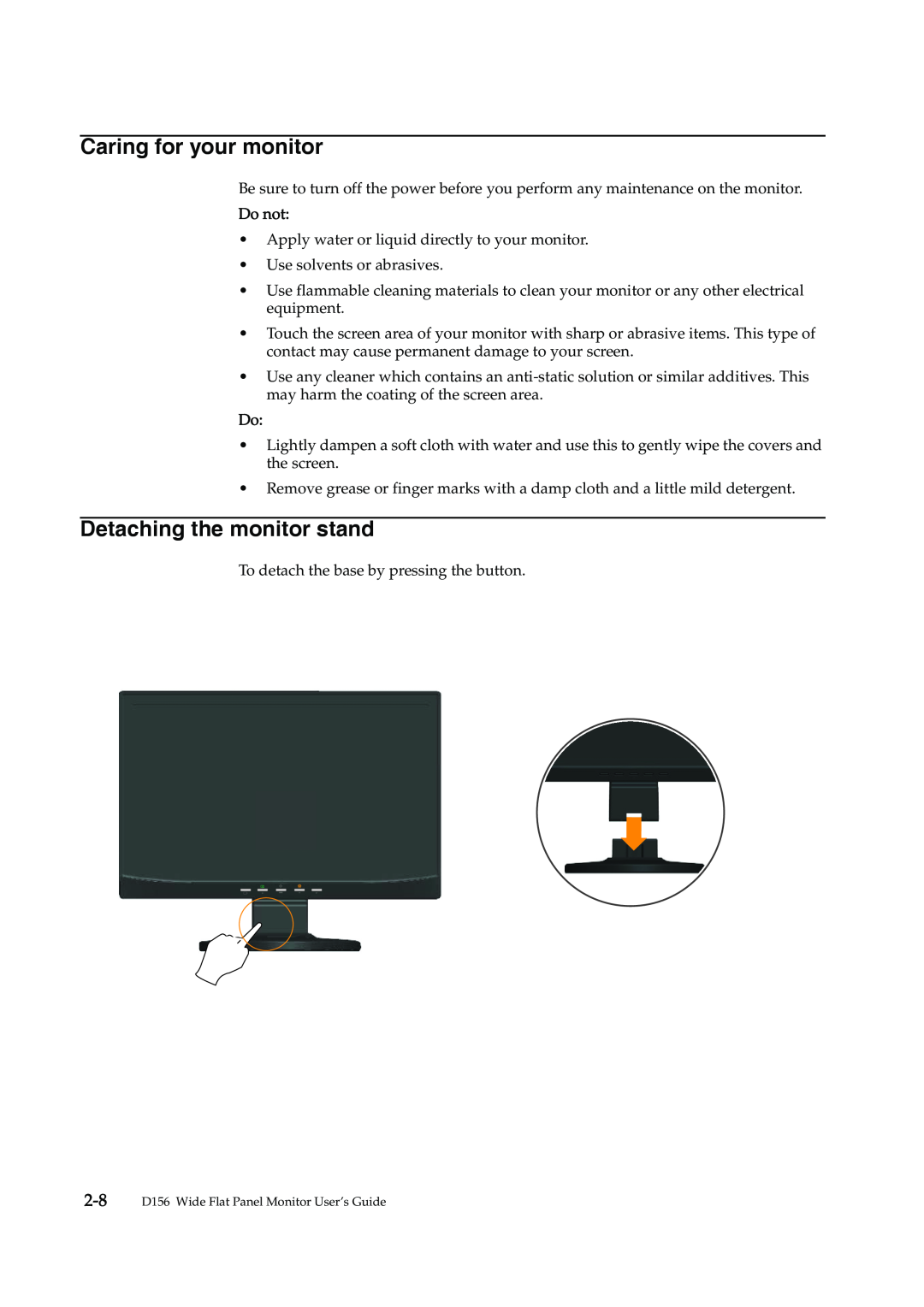 Lenovo 4415-AB1 manual Caring for your monitor, Detaching the monitor stand, Do not 