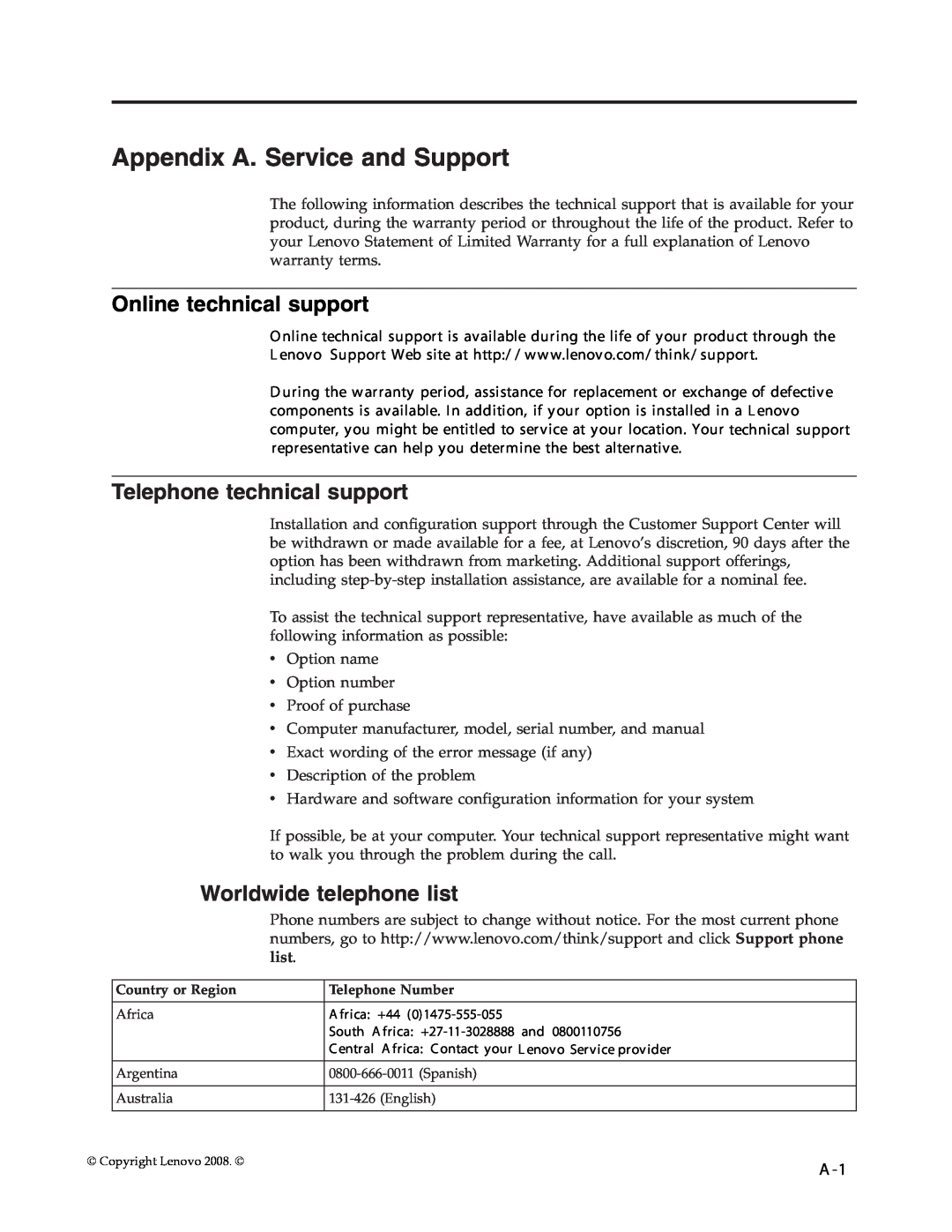 Lenovo 4415-AB1 manual Appendix A. Service and Support, Online technical support, Telephone technical support 