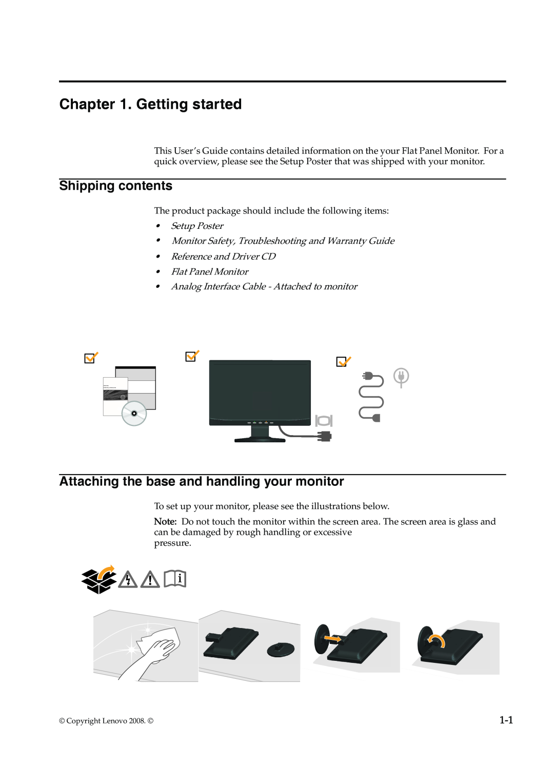 Lenovo 4415-AB1 manual Getting started, Shipping contents, Attaching the base and handling your monitor 